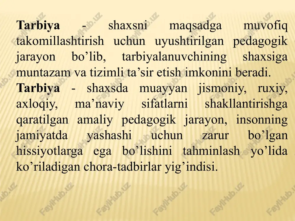 iy amaliyot va ko‘ngillilik) o‘quvchining yosh xususiyatlari va ehtiyojiga ko‘ra uyg‘unlashtirilganda natija beradi. metodlar esa ishontirish va muhokama, namuna ko‘rsatish (modeling), mashq va odat hosil qilish, rag‘bat va intizom choralarining adolatli qo‘llanishi, rolli o‘yin va treninglar, loyihaviy ishlar, muammoli vaziyatlar, xizmat-o‘rganish (service learning) hamda refleksiyani o‘z ichiga oladi. foydalanilgan adabiyotlar: 1.abdullaeva sh., asqarov a. umumiy pedagogika. nopedagogik oliy ta’lim muassasalari uchun o’quv qo’llanma. -t: fan va axborot texnologiyalari, 2019. -280 b. 2.xodjaev b.x., umumiy pedagogika. darslik.–toshkent, “sano-standart”, 2017 y.434 b. 3.mavlonova r. va boshqalar. umumiy pedagogika//darslik. –t.: 2016 y. - 538 b. 4.umarova m. teoriya i istoriya pedagogiki. uchebnoe posobie. – t.: etiboringiz uchun rahmat! /docprops/thumbnail.jpeg