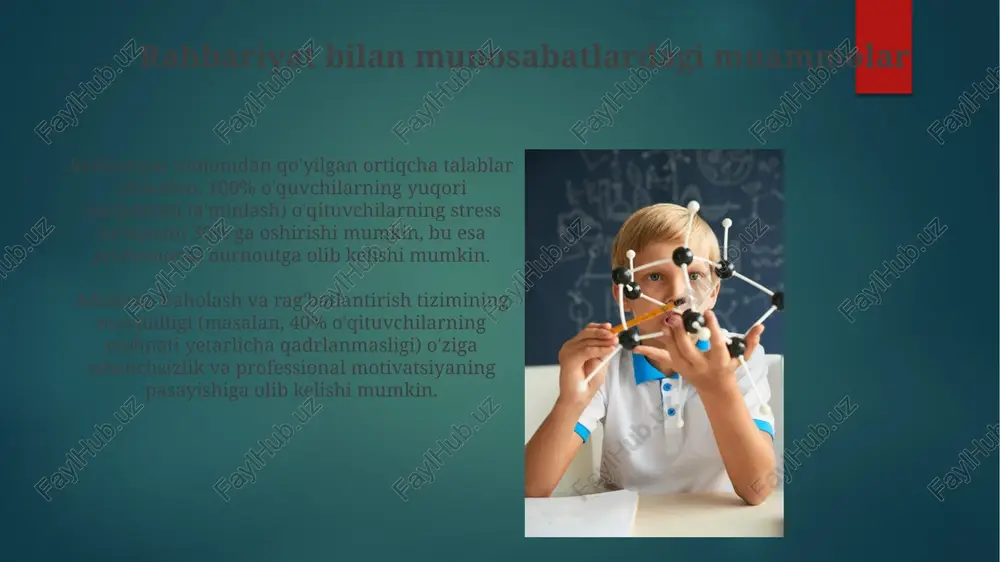 rlilik depressiya va xavotirlik, o'qituvchilarning professional samaradorligini 20% gacha pasaytirishi mumkin, bu esa o'quv jarayonining sifatiga salbiy ta'sir ko'rsatadi. o'qituvchilarning 30% gacha depressiya va xavotirlikka moyil bo'lishi, ish yuklamasi, kam haq to'lash va ijtimoiy bosim kabi omillar bilan bog'liq. stress va emotsional zo'riqish stress va emotsional zo'riqishning yuqori darajasi o'qituvchilarning 25% da sog'liq muammolariga, masalan, yurak-qon tomir kasalliklari va uyqu buzilishiga olib kelishi mumkin. emotsional zo'riqishning o'rtacha darajasi o'qituvchilarning 30% da yoki undan ko'p qismida pedagogik kompetensiyaning pasayishiga, xususan, ijodiy yondashuvning kamayishiga olib keladi. o'qituvchilarning ilmiy-pedagogik salohiyatini oshirishdagi psixologik muammolar o'qituvchilarning 60% dan ortig'i stress va emotsional yonish sindromi bilan kurashmoqda, bu esa ularning ilmiy-pedagogik faoliyatini sezilarli darajada pasaytiradi. pedagogik tajriba kamligi (3 yildan kam) bo'lgan yosh o'qituvchilar o'z-o'zini baholashning pastligi va professional noaniqlik hissi bilan ko'proq duch kelishadi. ijtimoiy izolyatsiya va qo'llab-quvvatlashning yetishmasligi o'qituvchilarning 60% dan ortig'i qo'llab-quvvatlashning yetishmasligi tufayli stress va tashvish hissiyotlarini boshdan kechirar ekan, bu esa …