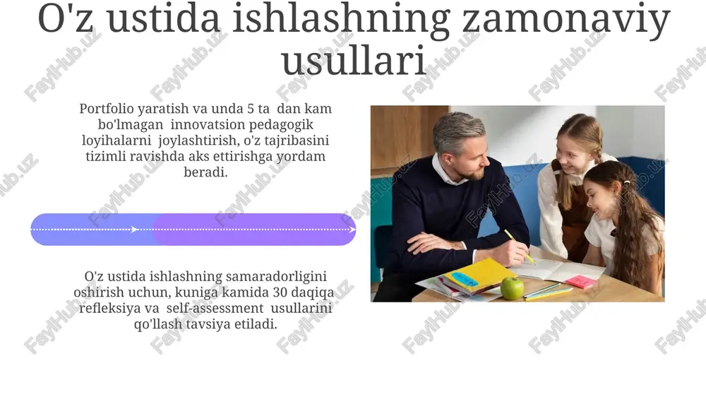 hga yordam beradi. baholash va ta'limning sifatini nazorat qilish o‘quvchilarning 70% dan ortig‘i mavzuni yaxshi egallagan bo‘lsa, o‘quv dasturi va o‘qitish metodlari samarali deb hisoblanadi, aks holda o‘qituvchi o‘z uslubini qayta ko‘rib chiqishi zarur. o‘z-o‘zini baholash va o‘qituvchilarning bir-birini baholash orqali (peer assessment) kamida yiliga 2 marta o‘quv jarayonining kamchiliklarini aniqlash va ta’lim sifatini yaxshilash mumkin. o'quvchilar bilan samarali ishlash differensial o'qitishni qo'llash orqali, o'quvchilarning turli bilim darajalarini hisobga olgan holda, kamida 3 ta guruhlarga bo'lib, har bir guruh uchun individual topshiriqlar berish samaradorlikni oshiradi. o'quvchilarning 70% i individual yondashuvni talab qiladi, shuning uchun har bir o'quvchining kuchli va kuchsiz tomonlarini aniqlash va ularga moslashtirilgan o'quv strategiyasini ishlab chiqish muhimdir. e'tiboringiz uchun rahmat @taqdimot_robot image4.jpg image5.jpg image6.jpg image7.jpg image8.jpg image9.jpg image10.jpg image11.jpg image12.jpg image13.jpg image14.jpg image15.jpg image16.jpg image17.jpg image18.jpg image19.jpg image20.jpg image1.jpeg image2.jpeg image3.jpeg