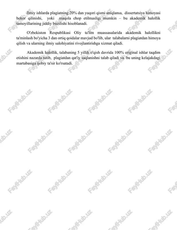p etilmasligi mumkin – bu akademik halollik tamoyillarining jiddiy buzilishi hisoblanadi. o'zbekiston respublikasi oliy ta'lim muassasalarida akademik halollikni ta'minlash bo'yicha 3 dan ortiq qoidalar mavjud bo'lib, ular talabalarni plagiatdan himoya qilish va ularning ilmiy salohiyatini rivojlantirishga xizmat qiladi. akademik halollik, talabaning 5 yillik o'qish davrida 100% original ishlar taqdim etishini nazarda tutib, plagiatdan qat'iy saqlanishni talab qiladi va bu uning kelajakdagi martabasiga ijobiy ta'sir ko'rsatadi. 📌xulosa plagiat – bu axloqsizlik va o'quvchilarning akademik rivojlanishiga jiddiy to'siq. uning salbiy oqibatlari kam baholanmasligi kerak, chunki bu kelajakdagi muvaffaqiyatlarga putur etkazishi mumkin. ilmiy adolat va intellektual mustaqillikni himoya qilish muhim. 📚foydalanilgan adabiyotlar 1. darrel, r. (2018). plagiat: sabablari, oqibatlari va oldini olish. "o'quv jarayonida axloqiy masalalar" jurnalida chop etilgan maqola. 2. abdullaev, a. (2020). ilmiy ishlarda plagiatga yo'l qo'ymaslikning samarali usullari. "ilmiy tadqiqotlar metodologiyasi" to'plamida chop etilgan maqola. 3. xolmatova, s. (2022)