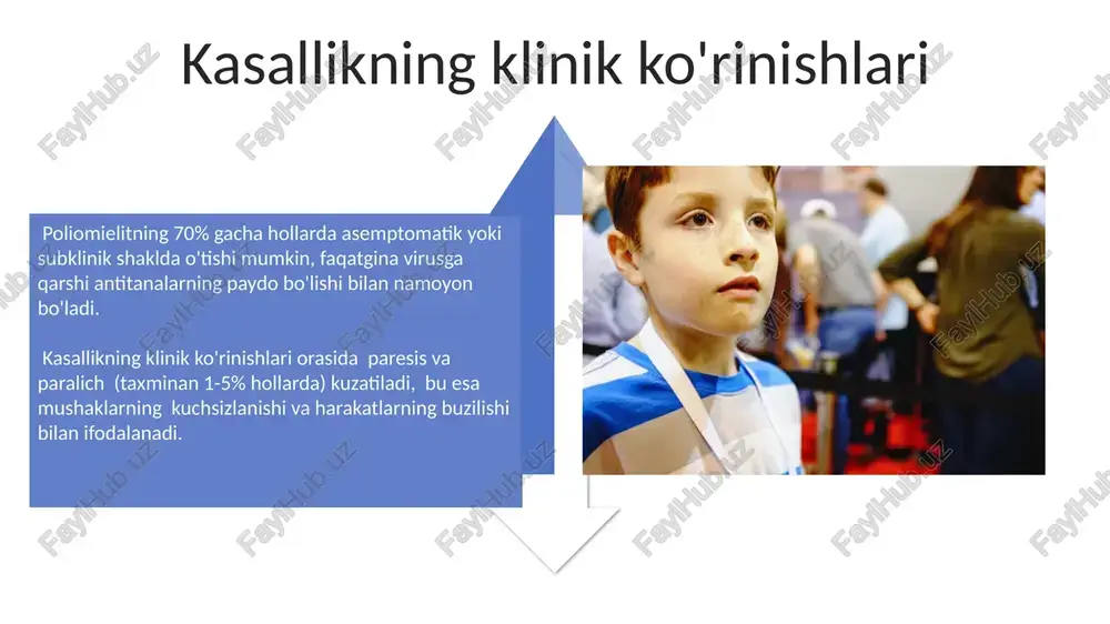 siyadan taxminan bittasi nafas olish mushaklarining falajlanishiga olib keladi. jahon sogʻliqni saqlash tashkilotining maʼlumotlariga koʻra, 2022-yilda poliomielitning faqatgina 10 dan kam holati qayd etilgan, bu kasallikning global darajada sezilarli darajada kamayganligini koʻrsatadi. profilaktika choralari jahon sog'liqni saqlash tashkiloti ma'lumotlariga ko'ra, 2022 yilda dunyo bo'ylab poliomielitning faqat 2 ta holati qayd etilgan, bu esa profilaktika choralari samaradorligini ko'rsatadi. poliovirusning uch turi mavjud bo'lib, ularning har biri kasallikning rivojlanishiga olib kelishi mumkin va vaksinatsiya ushbu uchta turga qarshi himoya beradi. poliomielitga qarshi kurash poliomielitning yuqori xavf guruhlarini aniqlash va ularga vaktsinatsiyani o'z vaqtida yetkazish, shuningdek, sanitariya-gigiena sharoitlarini yaxshilash orqali kasallikning tarqalishiga to'sqinlik qilish mumkin, bu esa 5 yoshgacha bo'lgan bolalarda o'limni sezilarli darajada kamaytiradi. poliomielitga qarshi kurashda jahon miqyosida 1988 yildan beri vaktsinatsiya kampaniyalari natijasida kasallanish holatlari 99% ga kamaygan, bu global salomatlikdagi ulkan yutuqdir. asoratlar va oqibatlari uzoq muddatli asoratlardan biri post-poliomielit sindromi bo'lib, kasallikdan yillar o'tgach, mushaklarning zaiflashuvi va charchoqni …