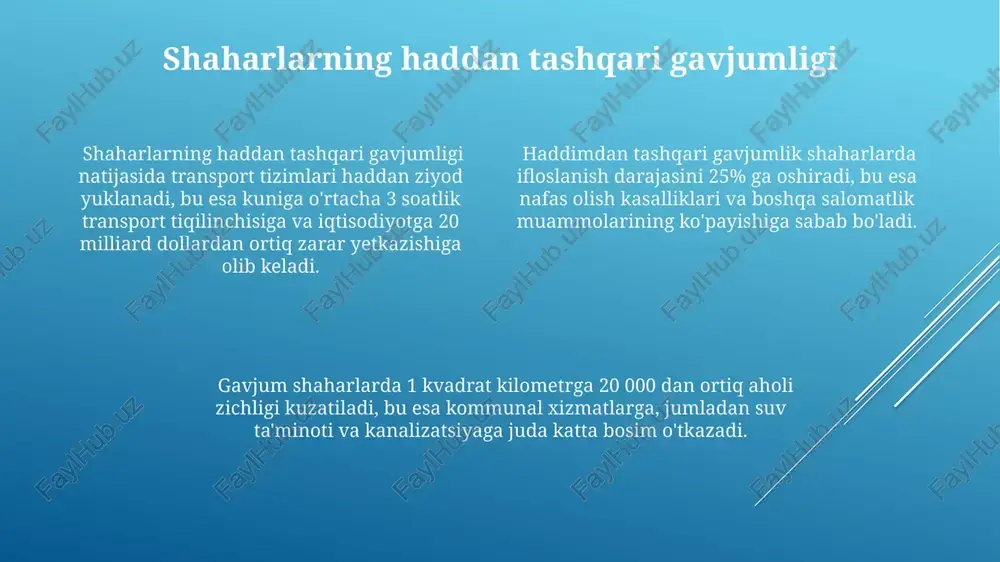 olmay qolganda, davlat budjeti imkoniyatlarini cheklab, siyosiy beqarorlikka olib kelishi mumkin. kam resurslarga ega boʻlgan davlatlarda aholi sonining ortiqcha oʻsishi oziq-ovqat va suv tanqisligiga, 40% ga yaqin aholining qashshoqlik chegarasida yashashiga va siyosiy zoʻravonliklarning kuchayishiga sabab boʻladi. kelajakdagi istiqbollar va yechimlar kelajakda 2050-yilga borib, global aholining 9 milliarddan oshishi kutilmoqda, bu esa resurslar yetishmasligiga va ekologik muammolar kuchayishiga olib kelishi mumkin; shuning uchun, samarali aholi siyosati muhim ahamiyat kasb etadi. ta'limning yuqori darajasi va ayollar huquqlarini himoya qilish, tug'ilish darajasini pasaytirishga va aholini barqaror rivojlanishiga ijobiy ta'sir ko'rsatadi, bu esa o'rtacha 2.1 ga teng almashtirish darajasiga olib kelishi mumkin. aholi zichligi yuqori bo'lgan hududlarda, ya'ni 1 kvadrat kilometrga 1000 dan ortiq odam yashaydigan joylarda, infratuzilmani rivojlantirish va resurslarni taqsimlash bo'yicha innovatsion yechimlarni qo'llash zarur. gender tengsizligi jinsiy zo'ravonlik va majburiy nikoh kabi omillar ayollar salomatligiga salbiy ta'sir ko'rsatib, istalmagan homiladorlik va yuqori ona o'limi koeffitsienti (20-30%) bilan bog'liqdir. tug'ilishni nazorat …