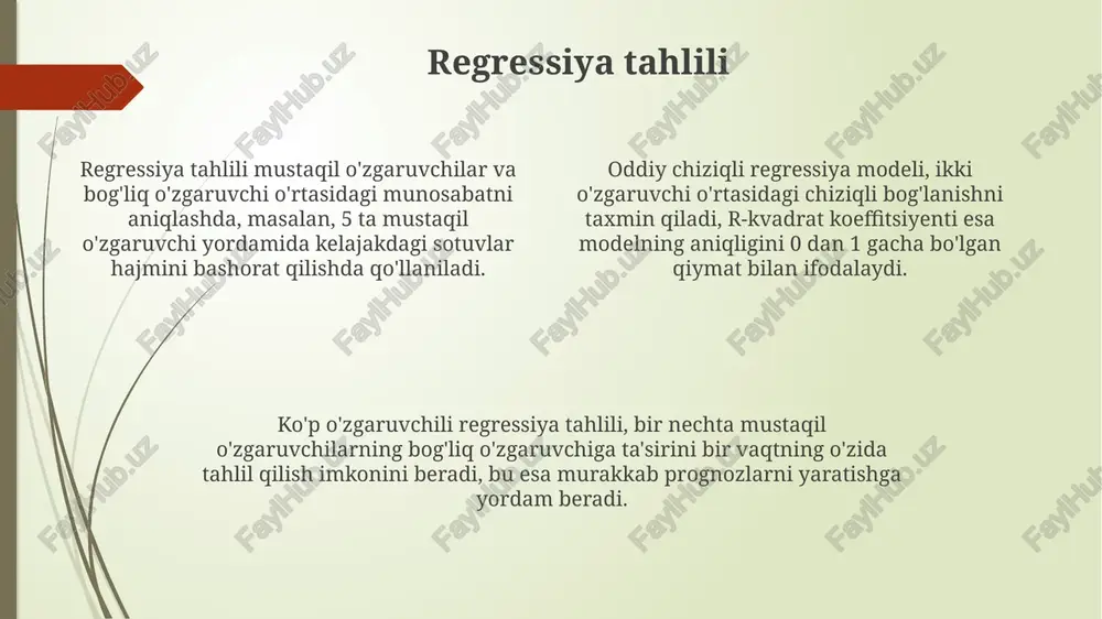 l natijalar va ularning ehtimolligini ko'rsatib, optimal qarorlar qabul qilishga yordam beradi. simulyatsiya modellari, masalan, monte-karlo simulyatsiyasi, noaniqlikni boshqarishda 1000 dan ortiq stsenariylarni hisoblash orqali xavflarni baholash va eng yaxshi strategiyani aniqlash imkonini beradi. bashoratli modellarning turlari mashinani o'rgatishning turli xil algoritmlari, jumladan, tasniflash daraxtlari va svm (support vector machines) yordamida 2 ta muhim o'zgaruvchini bashorat qilish mumkin. bashoratli modellarning asosiy turlari orasida regressiya modellari (masalan, chiziqli regressiya, ko‘p o‘zgaruvchili regressiya), 3 ta asosiy turga bo‘linadi va vaqt qatorlari tahlili modellari mavjud. sun'iy neyron tarmoqlari (ann) va chuqur o‘rganish algoritmlari kabi murakkab modellardan foydalanib, 1000 dan ortiq ma'lumotlarni tahlil qilish orqali yuqori aniqlikdagi bashoratlarni olish mumkin. ma'lumotlarni tayyorlash va tozalash nopok ma'lumotlar, masalan, 10% dan ortiq yo'qolgan qiymatlar, natijalarni 30% gacha noto'g'ri chiqarishi mumkin. ma'lumotlarni tayyorlash jarayoni o'rtacha loyihaning 70% vaqtini egallaydi, bu esa to'g'ri prognozlar olish uchun muhim ahamiyatga ega. ma'lumotlar tozalashda outlierlarni aniqlash va ularni o'chirish yoki o'zgartirish …