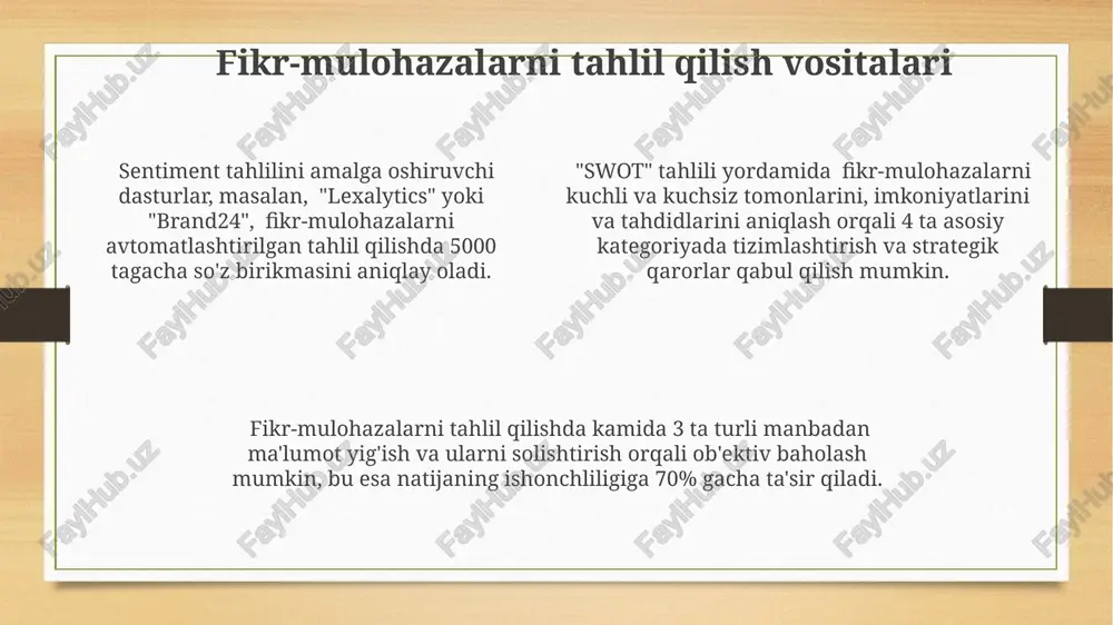 naydi. yangi imkoniyatlarni aniqlash pr fikr-mulohazalarining samarali tahlili 30% gacha yangi potentsial mijozlarni aniqlash imkoniyatlarini oshirishi mumkin, bu esa marketing strategiyasini yaxshilashga yordam beradi. ijobiy pr fikr-mulohazalariga javoban 10 ta yangi marketing kampaniyasini ishlab chiqish, brend xabardorligini 2 barobar oshirishga va savdo hajmini ko'paytirishga yordam beradi. mijozlarning salbiy fikr-mulohazalarini tahlil qilish orqali mahsulot yoki xizmatning 5 ta zaif tomonini aniqlash va ularni bartaraf etish orqali bozor ulushini oshirish mumkin. mijozlar bilan munosabatlarni yaxshilash mijozlarning 80%i salbiy tajribalar haqida 10 kishiga aytib beradi, shuning uchun har bir aloqada ijobiy taassurot qoldirish muhim ahamiyatga ega. mijozlarning sodiqligi kompaniyaning daromadini 25% gacha oshirishi mumkin, bu esa pr orqali samarali aloqani o'rnatishning ahamiyatini ta'kidlaydi. tezkor va samarali javob berish mijozlarning 90% qanoatlanishini ta'minlaydi, bu esa pr strategiyalarining operativligini namoyish etadi. fikr-mulohazalarni yig'ish usullari onlayn so'rovnomalar orqali 100 dan ortiq ishtirokchidan fikr-mulohazalar yig'ish, ularning demografik ma'lumotlarini hisobga olish va statistik tahlil qilish natijalarni ob'ektivlashtirishga yordam …