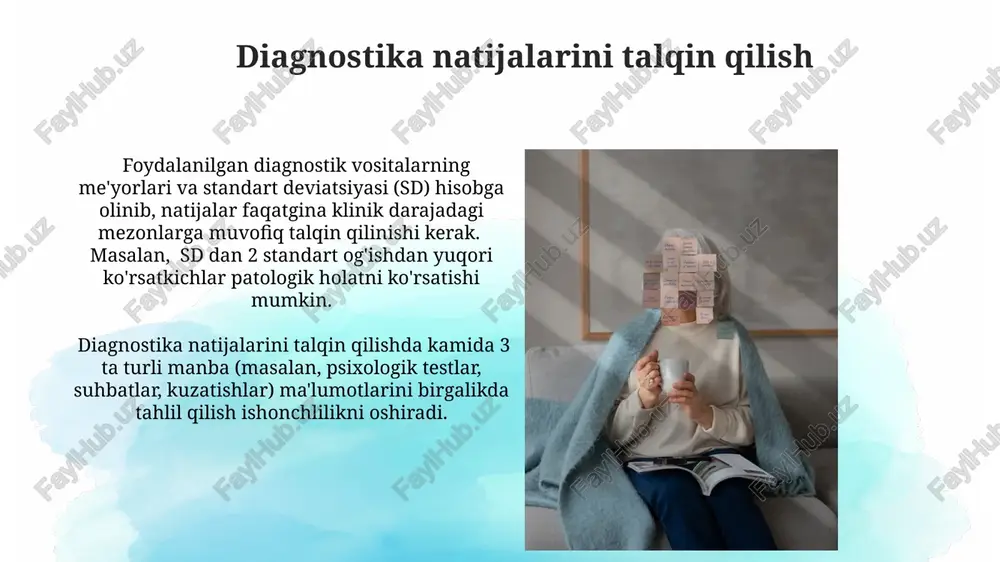darajasini aniqlay oladi. psixologik diagnostikaning qo'llanilishi diagnostika jarayonida 20 dan ortiq turli testlar va so'rovnomalar, jumladan, proektiv testlar, intellekt testlari va shaxsiyat inventarizatsiyasi qo'llanilib, ob'ektiv natijalarga erishishga yordam beradi. psixologik diagnostika natijalari ta'lim, mehnat va sud-psixiatriya amaliyotida, masalan, bolalarni o'qishga tayyorlash yoki ish joyidagi moslashuvchanlikni baholashda qo'llanilishi mumkin. motivatsiyani baholash motivatsiyani baholashda 5-7 balli shkalali soʻrovnomalar, masalan, "motivatsiya darajasi" shkalasi keng qoʻllaniladi va sub'ektning ichki motivatsiyasi va tashqi ragʻbatlantiruvchilarga boʻlgan munosabatini aniqlash imkonini beradi. motivatsiyaning turli xil turlarini (masalan, oʻz-oʻzini amalga oshirish, ijtimoiy, kuchga intilish) aniqlash uchun 16pf yoki neo pi-r kabi shaxsiyat testlaridan foydalanish mumkin, ularning natijalari motivatsion profilni yaratishga yordam beradi. emosional holatni baholash hissiy holatni baholashda, masalan, stai (state-trait anxiety inventory) kabi standartlashtirilgan testlardan foydalanish, xavotirlilik darajasini 4 ball shkalasi bo'yicha aniqlash imkonini beradi va bu diagnostika aniqligini oshiradi. hissiy holatni baholashda, fiziologik ko'rsatkichlar, yurak urishi tezligi (70-80 urish/minut) va teri o'tkazuvchanligi kabi parametrlarni o'lchash orqali, avtonom …