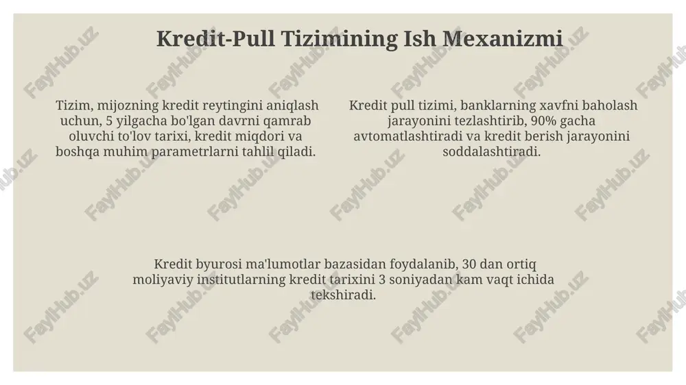 di. yuqori kredit reytingi (750 va undan yuqori) banklarga qarz oluvchining to'lov qobiliyatiga yuqori ishonch beradi, bu esa qulay shartlarda kredit olish imkonini beradi. past kredit reytingi (600 dan past) esa kredit olishni qiyinlashtiradi yoki foiz stavkalarining yuqori bo'lishiga olib keladi, bu esa qarz oluvchi uchun qo'shimcha xarajatlarni keltirib chiqaradi. banklarning bozor iqtisodiyotidagi o'rni markaziy bankning kredit siyosati vositalari orqali, inflyatsiya darajasini 5-10% oralig'ida ushlab turishda banklarning roli muhim ahamiyatga ega. banklarning aktivlarni qayta taqsimlash mexanizmi orqali, 200 trillion so'm miqdoridagi mablag'larni iqtisodiyotning turli sohalariga yo'naltirishga qodirligi, bozor samaradorligini oshiradi. banklar, yalpi ichki mahsulotning (yaim) 15-20%ini tashkil etadigan kreditlash orqali, milliy iqtisodiyotning barqaror o'sishini ta'minlashda muhim vosita hisoblanadi. banklarning kredit-pull tizimidagi roli kredit reyting agentliklari bilan hamkorlikda banklar mijozlarning kreditga layoqatliligini aniqlab, 300 dan ortiq parametrlarni tahlil qilib, xavf darajasini baholashda muhim rol o'ynaydi. banklar kredit pull tizimida asosiy kredit beruvchi sifatida harakat qilib, yillik 15-20% atrofida foiz stavkalari bilan …