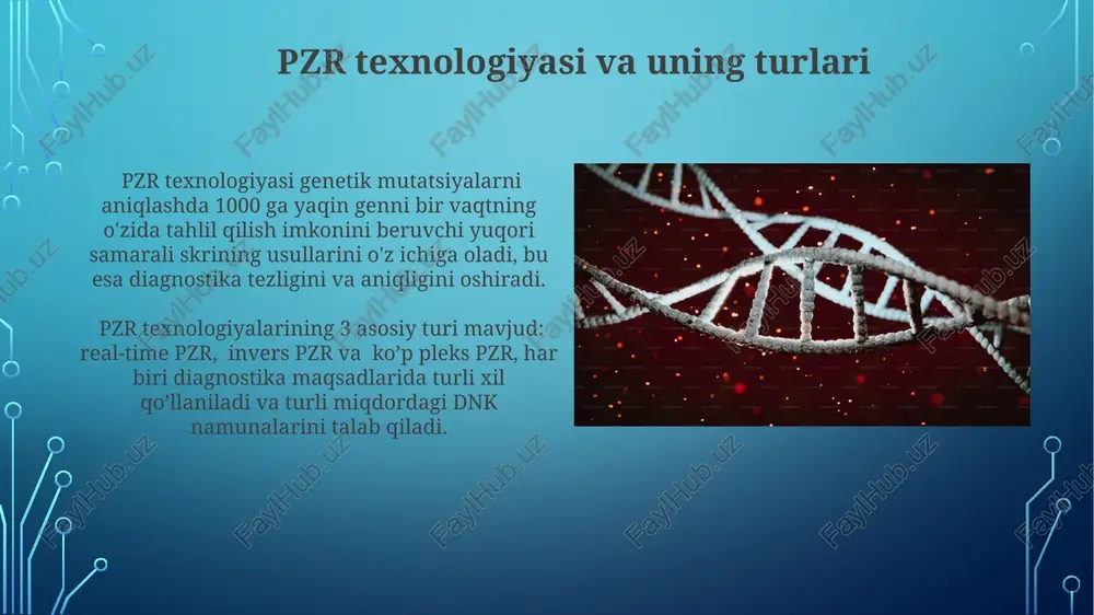 t davomiyati kuzatiladi. dmd geni, x xromosomasida joylashgan bo'lib, taxminan 2,5 million baz juftligidan iborat va distrofinga olib keladigan 2000 dan ortiq mutatsiyalar aniqlangan. irsiy kasalliklarning genetik asoslari irsiy kasalliklarning 90% dan ortig'i 1-2 ta gen mutatsiyalari bilan bog'liq bo'lib, ular oqsil funksiyasining buzilishiga olib keladi. genom kengligi assotsiatsiya tadqiqotlari (gwas) ko'plab genlarning kichik ta'sirlarining yig'indisi natijasida kelib chiqadigan murakkab irsiy kasalliklarni o'rganishda muhim rol o'ynaydi. oilaviy giperxolesterinemiya familial giperxolesterinemiya (fh) ning eng ko'p uchraydigan turi ldlr genidagi mutatsiyalar bilan bog'liq bo'lib, taxminan 80% hollarda uchraydi va plazmadagi xolesterin darajasining keskin oshishiga olib keladi. apob-100 genidagi mutatsiyalar ham fh ning rivojlanishiga sabab bo'lishi mumkin va bu mutatsiyalar ldl zarralarining retseptorlarga birikishini kamaytirib, giperxolesterinemiyaga olib keladi. e'tiboringiz uchun rahmat @taqdimot_robot image3.jpg image4.jpg image5.jpg image6.jpg image7.jpg image8.jpg image9.jpg image10.jpg image11.jpg image12.jpg image13.jpg image14.jpg image15.jpg image16.jpg image17.jpg image18.jpg image19.jpg image2.png