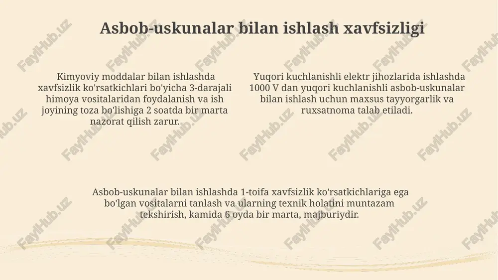 shlashda 1-toifa xavfsizlik ko'rsatkichlariga ega bo'lgan vositalarni tanlash va ularning texnik holatini muntazam tekshirish majburiy hisoblanadi, bu esa 20% gacha baxtsiz hodisalarni kamaytirishi mumkin. kimyoviy moddalar bilan ishlashda shaxsiy himoya vositalaridan (shv) foydalanish, xususan, 3-toifa himoya ko'zoynaklari va 4-sinf respiratorlardan foydalanish, zararli ta'sirlarni 85% gacha kamaytirishi mumkin. balandlikda ishlash xavfsizligi balandlikda ishlashda ishlatilayotgan jihozlarning texnik holati har 6 oyda bir marta tekshirilib, tegishli hujjatlar bilan tasdiqlanishi lozim, aks holda 500 000 so'm jarima solinadi. balandlikdagi ishlarni bajarishda 2 kishidan kam bo'lmagan jamoa bilan ishlash va bir-birini sug'urtalash tizimini qo'llash zarur, xavfsizlik texnikasi bo'yicha 3 soatlik majburiy o'qitishdan o'tishlari shart. balandlikda ishlashda 10 metrdan yuqori balandliklarda maxsus himoya vositalari, jumladan, xavfsizlik kamarlari va to'xtatuvchi tizimlaridan foydalanish majburiy hisoblanadi. ish joyi xavfsizligi qoidalari ish joyi xavfsizligi qoidalari, baxtsiz hodisalarni oldini olish uchun, minimal 5 ta xavfsizlik talablarini (masalan, shaxsiy himoya vositalarini ishlatish, xavfsizlik ko'rsatmalariga rioya qilish) bajarilishini nazorat qiladi. ish joyi xavfsizligi …