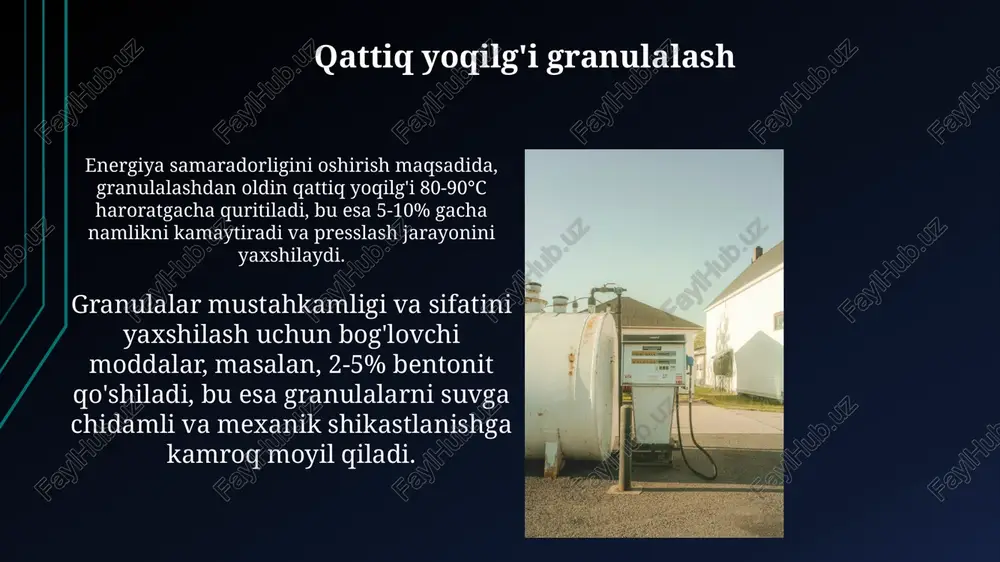 moddalar yordamida, 8-12% gacha bo'lgan oltingugurt miqdorini kamaytirib, atrof muhitga chiqariladigan zararli chiqindilarni sezilarli darajada pasaytiradi. biomassa qayta ishlash biomassa termal parchalanishi natijasida 30-50% bioyog' va 10-20% bioko'mir hosil bo'ladi, qolgan qismi esa biogaz va kuldir, ular ham qayta ishlash mumkin. biomassa pelletlarini ishlab chiqarishda, xom ashyoni quritishdan so'ng, 1 mm dan 6 mm gacha bo'lgan o'lchamdagi granulalarga presslash texnologiyasi qo'llaniladi, bu esa yoqilg'ini saqlash va tashishni osonlashtiradi. qattiq yoqilg'ini qayta ishlashning asosiy turlari kokslash jarayoni, taxminan 1000°c dan yuqori haroratda amalga oshiriladi va yuqori sifatli koks va qimmatli kimyoviy birikmalar olish imkonini beradi. briketlash jarayoni esa, kichik o'lchamdagi qattiq yoqilg'i zarrachalarini, 5-10% bog'lovchi moddalar qo'shish orqali, katta hajmli briketlarga birlashtirishni o'z ichiga oladi. e'tiboringiz uchun rahmat @taqdimot_robot image1.jpg image2.jpg image3.jpg image4.jpg image5.jpg image6.jpg image7.jpg image8.jpg image9.jpg image10.jpg image11.jpg image12.jpg image13.jpg image14.jpg image15.jpg image16.jpg image17.jpg