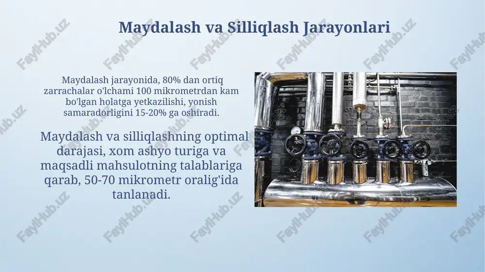 shtirish usullarining samaradorligi ko'mirning xom ashyo sifatidagi xususiyatlari, jumladan, uning kul miqdori (masalan, 5-15%) va namlik darajasiga bog'liq. innovatsion texnologiyalar “innovatsion texnologiyalar”ning yangi termal kreking texnologiyasi 30% gacha yuqori sifatli suyuq yoqilg'ini olish imkonini beradi va chiqindi gazlarning zararli emissiyasini 2 barobar kamaytiradi. kompaniya tomonidan ishlab chiqilgan patentlangan usul yordamida, ko'mir kukunini briketlash jarayonida 15% gacha energiya tejashga erishildi, bu esa 1000 kv.m maydonga ega bo'lgan zavod uchun yillik xarajatlarni sezilarli darajada kamaytiradi. e'tiboringiz uchun rahmat @taqdimot_robot image4.png image5.jpg image6.jpg image7.jpg image8.jpg image9.jpg image10.jpg image11.jpg image12.jpg image13.jpg image14.jpg image15.jpg image16.jpg image17.jpg image18.jpg image19.jpg image20.jpg image21.jpg image3.jpeg