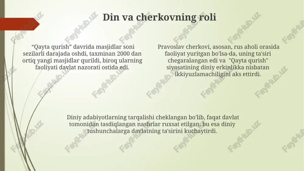 saygan boʻlsa-da, qayta qurish davrida ham fikr erkinligi cheklangan edi, dissidentlarga nisbatan taʼqiblar davom etgan. qayta qurish davrida oʻzbekistonda paxta yetishtirishga qaratilgan majburiy mehnatning miqyosa kamaygan boʻlsa-da, 1980-yillar oxirida ham koʻplab qishloq aholisi bu amaliyotdan aziyat chekkan. milliy uygʻonish jarayoni 1980-yillarning oxirida kuchayib, oʻzbek tilining rasmiy maqomini mustahkamlash va milliy madaniyatni rivojlantirishga qaratilgan harakatlarni tezlashtirgan. qayta qurish siyosatining maqsadi va vazifalari qayta qurish davrida, 1985-1991 yillar oralig'ida, demokratiyalashtirish va glasnost siyosati orqali jamiyatning ochiqligi va fuqarolarning siyosiy ishtiroki kuchaytirilishi rejalashtirilgan edi. qayta qurishning asosiy maqsadi 1980-yillarning oxirida sssr iqtisodiyotini modernizatsiya qilish va siyosiy tizimni isloh qilish orqali jamiyatni yangilash edi, bu esa 5 yillik rejalarning samaradorligini oshirishni o'z ichiga olgan. qayta qurish siyosati, "usklashtirish" va "tezlashtirish" kabi iqtisodiy dasturlar orqali, milliy iqtisodiyotni rivojlantirish va xalq turmush darajasini ko'tarishga qaratilgan edi, bu esa davlat nazoratini kamaytirish va bozor munosabatlarini rivojlantirishni nazarda tutgan. millatlararo munosabatlar 1980-yillarning oxirida o'zbekiston aholisining 130 dan ortiq …