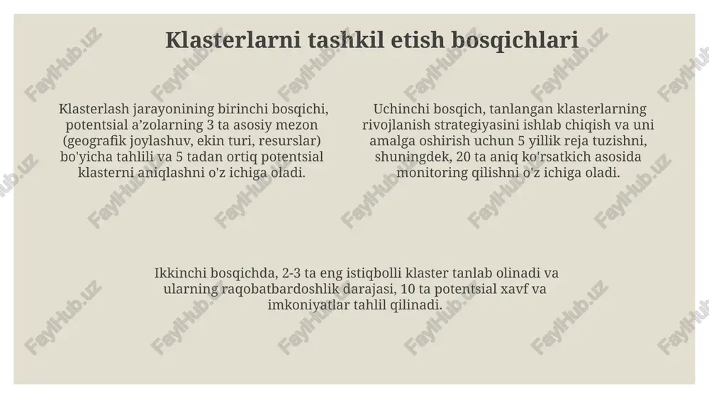 ‘jaliklarini va 20-30 ta kichik va o‘rta biznes sub’ektlarini o‘z ichiga oladi, ular o‘zaro hamkorlik qilib, qo‘shma xarajatlarni kamaytiradi. yuqori darajadagi mutaxassislar bilan ta’minlangan klasterlar, masalan, agrotexnologiya bo‘yicha 10 dan ortiq mutaxassis, samaradorlikni 15% ga oshirish imkoniyatiga ega. xalqaro tajriba va eng yaxshi amaliyotlar evropa ittifoqi tajribasi shuni ko'rsatadiki, kichik va o'rta biznes sub'ektlarini birlashtiruvchi klasterlar, 20% ga yaqin ish o'rinlarini yaratish va fermer xo'jaliklari daromadini 25% ga oshirishga yordam beradi. aqshning kaliforniya shtatida amalga oshirilgan tadqiqotlar, zamonaviy texnologiyalarni qo'llash bilan birgalikda klaster yondashuvi fermer xo'jaliklarining suv resurslaridan foydalanish samaradorligini 10-15% ga oshirish imkonini berganligini ko'rsatdi. jahon banki ma’lumotlariga ko'ra, 2021 yilda 30 dan ortiq mamlakatda samarali klasterlashtirish orqali qishloq xo'jaligi mahsulotlari yetishtirish hajmi 15% ga oshgan. kelajakdagi istiqbollar va rivojlanish yo'nalishlari keyingi 5 yilda 50 ta yangi qishloq xo'jaligi klasterini tashkil etish va mavjud 100 ta klasterning eksport salohiyatini 30% ga oshirishga qaratilgan milliy strategiya ishlab chiqiladi. qishloq xo'jaligi …