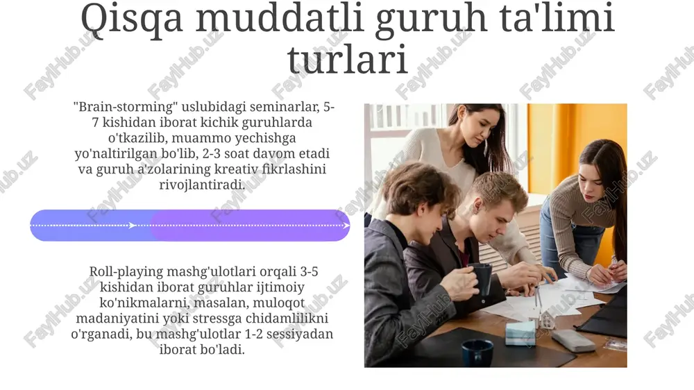 alga oshirish rejalashtirilgan. samaradorlikni oshirish strategiyasi, 50% dan ortiq ishtirokchilarning faol ishtirokini ta’minlash orqali, o‘quv jarayonining samaradorligini 20% ga oshirishga qaratilgan. ishlatiladigan uslublar va texnologiyalar interfaol o'yinlar va simulyatsiyalar, shu jumladan, 10 ta turli xil vaziyatlarni o'z ichiga olgan rollarni o'ynash, ijtimoiy ko'nikmalarni rivojlantirishga yordam beradi. gamifikatsiya elementlaridan foydalanish, masalan, 5-7 yoshli bolalar uchun ballar tizimi va mukofotlar, ularning faol ishtirokini 30% ga oshirishi mumkin. xulosa va tavsiyalar ta'limning sifatini baholash uchun kamida 3 xil usul (savollar, testlar, kuzatish) qo'llanilishi va natijalar tahlil qilinib, keyingi dasturlarni takomillashtirishda qo'llanilishi zarur. qisqa muddatli guruh ta'limi samaradorligini 20-30% ga oshirish uchun o'quv jarayonini individual ehtiyojlarga moslashtirish va interaktiv usullarni qo'llash tavsiya etiladi. e'tiboringiz uchun rahmat @taqdimot_robot image4.jpg image5.jpg image6.jpg image7.jpg image8.jpg image9.jpg image10.jpg image11.jpg image12.jpg image13.jpg image14.jpg image15.jpg image16.jpg image17.jpg image18.jpg image19.jpg image20.jpg image1.jpeg image2.jpeg image3.jpeg