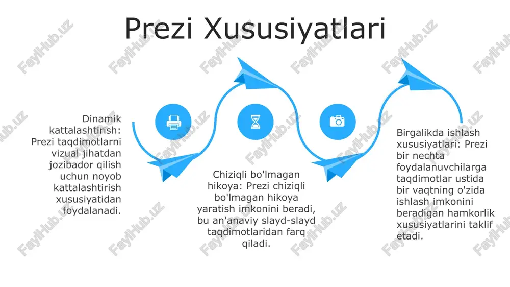 tida yuklab oling. zoom va pan effektlari bilan vizual jihatdan jozibador prezentatsiya yarating. turli shablonlardan tanlang, matn, rasmlar va videolar qo'shing. zoom va pan effektlari bilan vizual jihatdan jozibador prezentatsiya yarating. turli shablonlardan tanlang, matn, rasmlar va videolar qo'shing. prezi'ning asosiy afzalliklari. diqqatni jalb qiluvchi vizual materiallar: e'tiborni tortadi va tushunishni yaxshilaydi. hamkorlik xususiyatlari: prezentatsiyalar ustida birgalikda muammosiz ishlang. chiziqli bo'lmagan navigatsiya: sizni chiziqli slayd-slayd taqdimotlaridan ozod qiladi. hamkorlik va bo'lishish prezi'ning o'ziga xos kattalashtirish va siljitish xususiyatlari dinamik va ko'zni qamashtiruvchi prezentatsiyalarni yaratish imkonini beradi, tomoshabinlarni o'ziga jalb qiladi. turli xil tarkibni birlashtirish: prezi rasm va videolardan tortib hujjatlar va veb-sahifalargacha bo'lgan turli xil media turlariga qo'llab-quvvatlaydi, bu esa boy va xilma-xil tarkibni yaratishga imkon beradi. prezi bilan jamoalar birgalikda real vaqtda taqdimotlarni tahrirlashi va ulashishi mumkin. e'tiboringiz uchun rahmat @taqdimot_robot image1.jpeg image2.jpeg image3.jpeg image4.jpeg