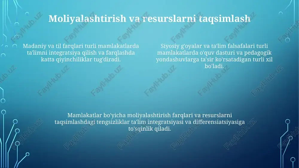 aradi, bu esa ta'lim tengligini to'sqinlik qiladi. har xil mamlakatlarning texnologiya integratsiyasi ta'siriga turli infratuzilma, resurslar va madaniy kontekstlari ta'sir qiladi. siyosiy va iqtisodiy ta'sirlar iqtisodiy omillar ta'limga kirish, o'quv dasturlari va ishchi kuchi ehtiyojlariga ta'sir qiladi. siyosiy tizimlar, ideologiyalar va ustuvor yo'nalishlar ta'lim maqsadlari va moliyalashtirishni shakllantiradi. madaniy farqlar, til to'siqlari va turli o'quv uslublari integratsiyani murakkablashtiradi. e'tiboringiz uchun rahmat @taqdimot_robot image1.png image2.png image3.png image4.png image5.png
