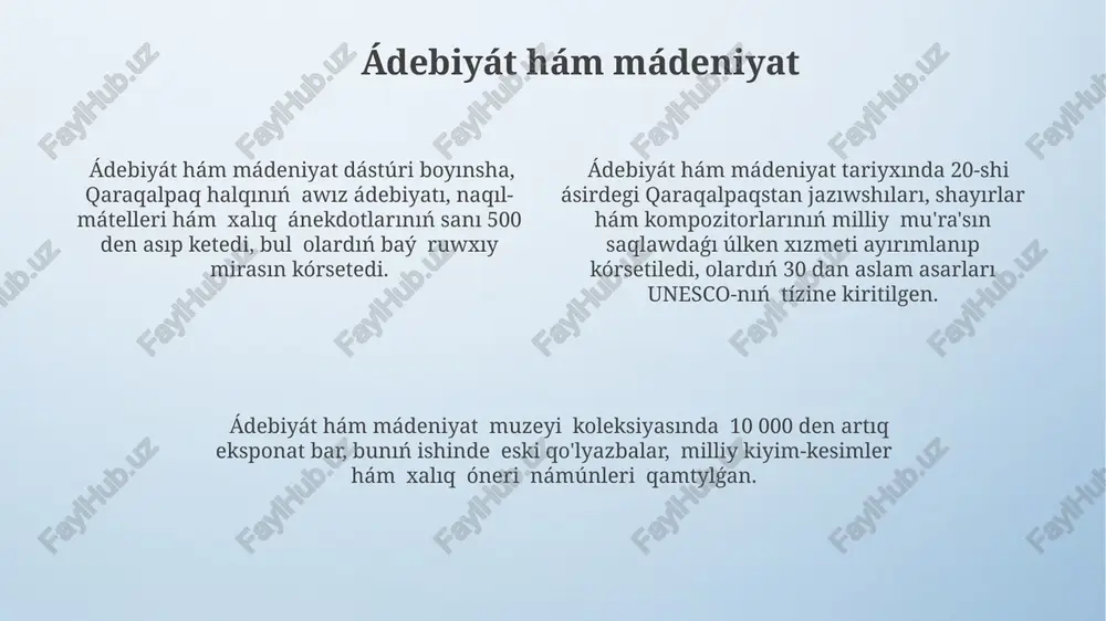 ńes dáwirinde karakalpak tiliniń resmiy statusqa iye bolmaǵanlıǵı, onıń rawajlanıwına jáne qollanıwına tiyisli sheklewler qoyılǵanın kórsetedi. bunday sheklewlerge 30-jıllardan baslap, oqıw materialları men' baspasózdegi sheklenmeler kiradi. söhbetlesiw usılları söhbet usılları arasında "miynat" usılın qollanıw arqalı, qatnasıwshılarǵa 2-3 ta'sirli pikirdi belgilew imkaniyatı beriledi hám pikirlerdi sistemaǵa keltiriwge kömeklesedi. effektli kommunikaciya ushın, söhbetlesiw dawamında aktiv tinglaw texnikalarına, maselen, parafrazlewge, súwaller beriwge júdá 10-15 minut ayrıw mańızlı. söhbetlesiwde 3-5 adamnan ibarat kişik gruppalarǵa bólinip, her birewi óz pikirlerin erkin aytıwı usınıladı, bunday usıl pikir almasıw procesin tezlestiredi. nazariңiz үshіn raxmet @taqdimot_robot image4.png image3.jpeg