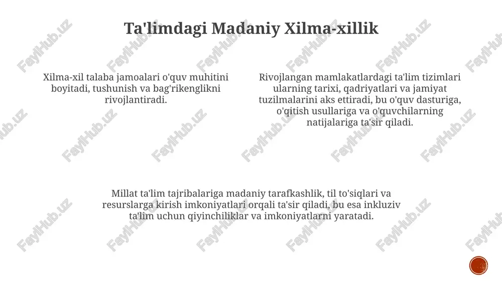 ri millat xususiyatlari madaniy fon, til xilma-xilligi va o'rganish uslublari orqali ta'lim jarayonlariga ta'sir qiladi. talaba qo'llab-quvvatlash xizmatlari talabalarning shaxsiy ehtiyojlarini qondirish va ularning o'qishdagi muvaffaqiyatini oshirishga qaratilgan. rivojlangan davlatlar ta'limda tenglik va inklyuziyani ustuvor yo'nalish sifatida belgilaydi, ta'limdagi farqlarni bartaraf etishga va turli xil o'quv muhitlarini yaratishga intiladi. o'qituvchilarni tayyorlash va professional rivojlantirish rivojlangan mamlakatlardagi ta'lim jarayonlarining etnik xususiyatlari madaniy sezgirlik, til xilma-xilligi va sifatli ta'limga teng huquqli kirishni o'z ichiga oladi. o'qituvchilarni tayyorlash va kasbiy rivojlantirish turli xil o'quvchilarni samarali o'qitish uchun zarur bo'lgan ko'nikmalar va bilimlar bilan ta'minlashga qaratilgan. bu omillar o'quv dasturini loyihalash, pedagogika va umumiy o'quv muhitini ta'sirlantirgan holda, barcha o'quvchilar uchun inklyuziv va teng huquqli ta'lim tajribalarini rag'batlantirishga qaratilgan. ta'limdagi kesishishlik etnik xususiyatlar rivojlangan mamlakatlarda o'quv dasturi mazmuniga, o'qitish uslublariga va o'quvchi-o'qituvchi o'zaro munosabatlariga ta'sir qiladi. interseksionallik turli xil identifikatsiyalar (irqiy, jins, sinf) ta'lim tajribasini shakllantirishda qanday qilib bir-biriga bog'lanishini tan oladi. e'tiboringiz uchun …