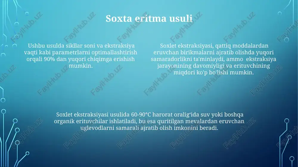 dipol momentiga asoslangan holda, solvent sifatida suv ishlatib, selektiv ekstraksiyani ta'minlaydi. mikroto'lqinli ekstraksiya, energiya sarfini 30% gacha kamaytirib, an'anaviy usullarga qaraganda yuqori samaradorlik va past xarajatlarni ta'minlaydi. mikroto'lqinli ekstraksiya jarayonida quritilgan mevalardan 90% gacha eruvchan uglevodlarni 10 daqiqadan kamroq vaqt ichida ajratib olish mumkin, bu an'anaviy usullarga nisbatan ancha tezkordir. diffuziya usuli diffuziya jarayonining optimal shartlarini aniqlash uchun, masalan, 40-60 minut oraligʻida turli haroratlar va aralashtirish tezliklarini oʻrganish maqsadga muvofiqdir. suvning konsentratsiyasi va diffuziya vaqtining oʻzgarishi bilan eruvchan uglevodlarning chiqishiga taʼsirini oʻrganish uchun 3 dan 5 gacha turli konsentratsiyalar va vaqt oraligʻini qoʻllash tavsiya etiladi. diffuziya usulida quritilgan mevalardan 60-90°c harorat oraligʻida suv bilan ekstraksiya qilish samaradorligini oshirish mumkin, bu esa eruvchan uglevodlarning chiqishini tezlashtiradi. ekstraksiya jarayonining optimallashtirish ekstraksiya jarayonida 70% dan ortiq uglevodlarni ajratib olish uchun, turli xil erituvchilar (masalan, etanol va suv aralashmasi) nisbatlarini sinab ko'rish va optimal nisbatni aniqlash zarur. quruq mevalardan eruvchan uglevodlarni ekstraksiya qilish samaradorligini …