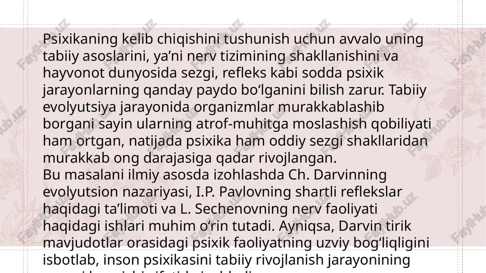 ya tuzilishi, genetik meros va fiziologik jarayonlar kiradi. nerv tizimi psixik faoliyatning moddiy asosi bo‘lib, sezgi, idrok, xotira va tafakkur kabi jarayonlarni boshqaradi. ijtimoiy omillar esa psixikaning shakllanishida hal qiluvchi ahamiyatga ega. insonning tarbiyasi, atrof-muhiti, muloqoti va mehnat faoliyati psixik rivojlanishning yo‘nalishini belgilaydi. bola psixikasi ijtimoiy muhitda shakllanadi: u tildan foydalanishni, his-tuyg‘ularni ifoda etishni, jamiyat qoidalariga amal qilishni o‘rganadi. 12 image1.png image2.svg image3.jpeg image4.jpeg image5.jpeg image6.jpeg image7.jpeg image8.jpeg image9.jpeg .msftofcthm_accent3_lummod_40_lumoff_60_fill_v2 { fill:#e5cece; }