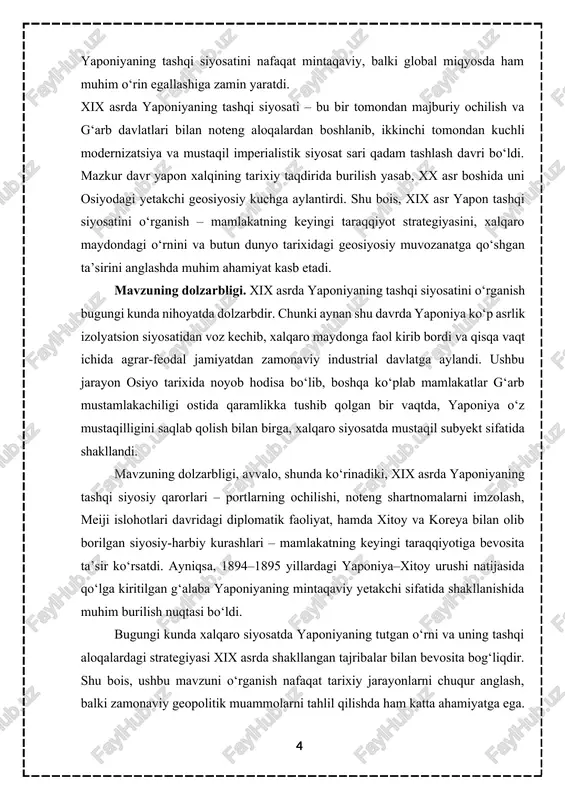 ngan kanagava shartnomasi, shuningdek 1858 yilgi ansei shartnomalari kabi noteng kelishuvlarning ahamiyatini tahlil qilish. · noteng shartnomalar davrida yaponiyaning iqtisodiy va siyosiy zaifliklarini ko‘rsatish hamda xalqaro munosabatlarda tutgan o‘rnini baholash. · meiji davri islohotlari jarayonida tashqi siyosatning asosiy yo‘nalishlarini aniqlash va bu islohotlarning xalqaro maydonda yaponiya mavqeini mustahkamlashdagi rolini yoritish. · xix asr oxirida yaponiyaning imperialistik tashqi siyosat sari burilishining sabablarini ko‘rsatish, koreya va xitoy bilan munosabatlarini chuqur tahlil qilish. · yaponiya tashqi siyosatidagi izolyatsiyadan imperializmga o‘tish jarayonini bosqichma-bosqich ilmiy asosda o‘rganish. · xix asrda yaponiyaning tashqi siyosiy tajribasi keyingi davrlardagi (xx asr boshidagi) xalqaro munosabatlarga qanday ta’sir ko‘rsatganini aniqlash. i- bob asosiy qismsoha asosiy yo‘nalishlar va natijalar 1. xix asrda yaponiyaning iqtisodiy hayoti haqida. xix asr yaponiyaning iqtisodiy hayotida tub burilish davri bo‘lib, mamlakat o‘z tarixida ikki asosiy bosqichni bosib o‘tdi: tokugava syogunligi davridagi feodal- agrar tuzum va meiji islohotlaridan so‘nggi industrial kapitalistik taraqqiyot. bu davr mobaynida yaponiyaning iqtisodiy …