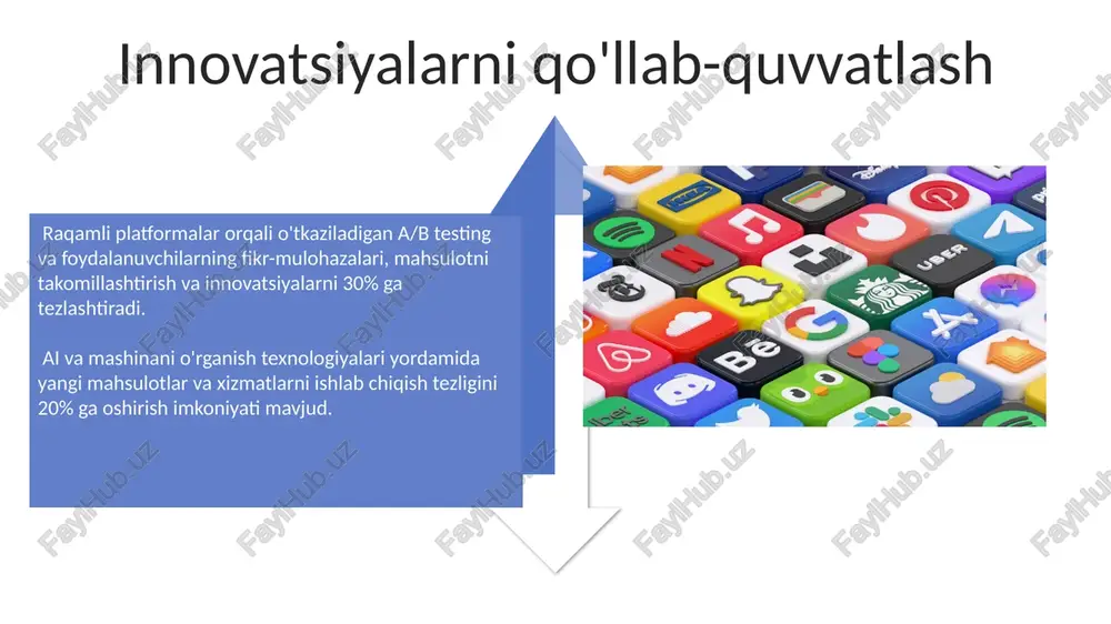 l raqamli platformalarga sarflaydi, bu ijtimoiy aloqalar, jismoniy sog'liq va uyqu rejimiga salbiy ta'sir ko'rsatadi. raqamli platformalardan ortiqcha foydalanish miyasi 25% gacha dopamin ishlab chiqarishni kuchaytiradi, bu esa giyohvandlikka o'xshash xulq-atvorni keltirib chiqarishi mumkin. samaradorlik va unumdorlik onlayn hamkorlik vositalari, masalan, videokonferensiya va loyiha boshqaruv dasturlari, jamoaviy samaradorlikni 10-20% ga yaxshilashga yordam beradi. katta hajmdagi ma'lumotlarni qayta ishlash va tahlil qilish imkoniyati samaradorlikni sezilarli darajada, taxminan 15% ga oshirib, yangi biznes imkoniyatlarini ochib beradi. raqamli platformalarning kamchiliklari raqamli platformalar kiberhujumlarga, jumladan, shaxsiy ma'lumotlarning o'g'irlanishiga va moliyaviy firibgarliklarga nisbatan zaif bo'lib, yiliga o'rtacha 10 million dollardan ortiq zarar keltirishi mumkin. ko'pgina raqamli platformalarda foydalanuvchilarning ma'lumotlari algoritmlar orqali tahlil qilinadi va bu shaxsiy hayotning buzilishiga, maqsadli reklamalarga va hattoki noqonuniy kuzatuvga olib kelishi mumkin. e'tiboringiz uchun rahmat @taqdimot_robot image4.jpg image5.jpg image6.jpg image7.jpg image8.jpg image9.jpg image10.jpg image11.jpg image12.jpg image13.jpg image14.jpg image15.jpg image16.jpg image17.jpg image3.png image18.jpg image19.jpg image20.jpg image1.jpeg image2.jpeg