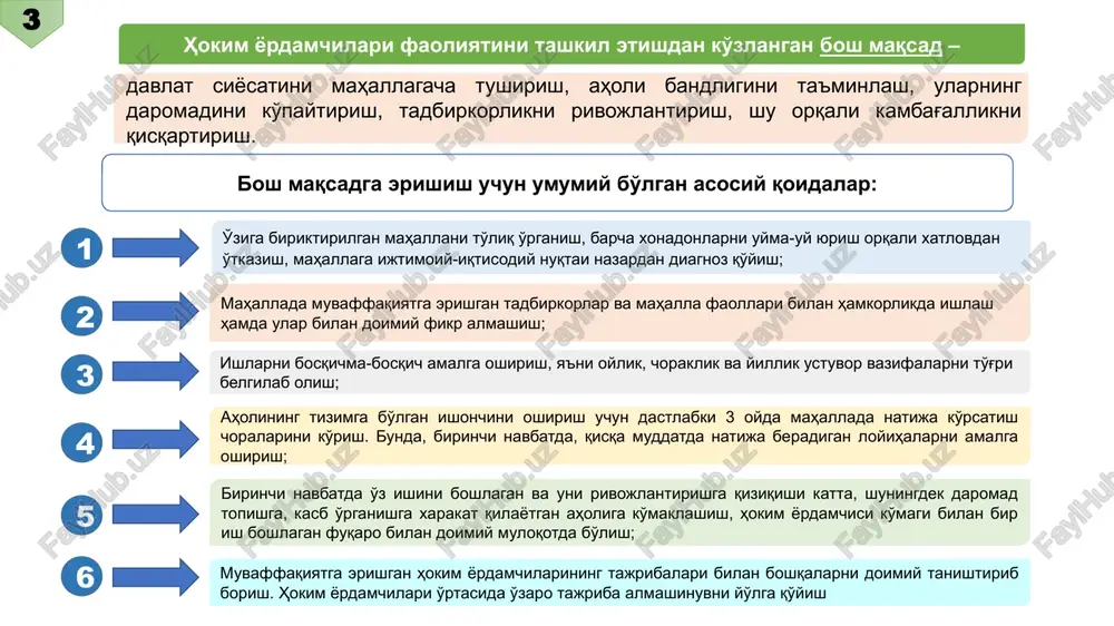 'shimcha daromad topish istagi bor xonadonlar nogironligi bo'lgan va kasal a'zolari bo'lgan, boquvchisini yo'qotgan hamda ijtimoiy himoyaga muhtoj xonadonlar iqtisodiy ahvoli yaxshi va o'ziga to'q xonadonlar b) aholining bandligini ta'minlash, ularning o'zini o'zi band qilishi, shuningdek, tadbirkorlik faoliyatini yo'lga qo'yishi uchun ajratiladigan mablag'lar a) oilaviy tadbirkorlikni rivojlantirish dasturlari doirasida ajratiladigan kreditlar v) fermer, dehqon xo'jaliklari va tomorqa er egalarini qo'llab-quvvatlash jamg'armasi hisobidan ajratiladigan subsidiyalar g) hokim yordamchilari tavsiyalari asosida mahalla infratuzilmasini yaxshilash uchun ko'zda tutiladigan mablag'lar 2022 yil uchun hokim yordamchilari o'z vazifalarini amalga oshirishda foydalanadigan moliyaviy instrumentlarning manbalari etib quyidagilar belgilangan: d) «saxovat va ko'mak» jamg'armasi, «ayollar daftari» jamg'armasi, «yoshlar daftari» jamg'armasi miqdorida 10 trln so'm 1 218 mlrd so'm 50 mlrd so'm 250 mlrd so'm 851 mlrd so'm shundan: mfy ga 5 6 hokim yordamchisi tomonidan tavsiya beriladigan kredit, subsidiya, moddiy yordam turlari oilaviy tadbirkorlikni tashkil etish uchun tijorat banki krediti ijobiy tavsiya – tijorat bankiga rad etish …