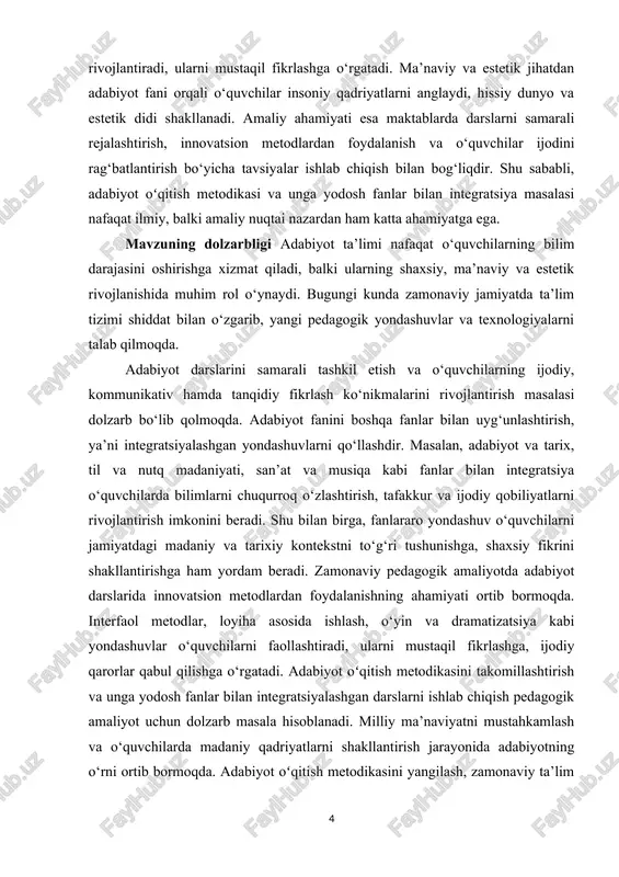 a oladi. amaliy nuqtai nazardan, tadqiqot natijalari maktablarda adabiyot darslarini samarali rejalashtirish, innovatsion va interfaol metodlarni qo‘llash, o‘quvchilarning ijodiy faoliyatini rag‘batlantirish va baholash tizimini takomillashtirishga xizmat qiladi. shu sababli, adabiyot oʻqitish metodikasi va unga yodosh fanlar bilan integratsiya masalasi nafaqat nazariy, balki amaliy ahamiyatga ham ega bo‘lib, ta’lim sifatini oshirish va o‘quvchilarning shaxsiy rivojlanishini ta’minlashda muhim rol o‘ynaydi. mavzuning maqsadi adabiyot oʻqitish metodikasini nazariy va amaliy jihatdan tahlil qilib, unga yodosh fanlar bilan integratsiyani o‘rganish, o‘quvchilarning ijodiy va kommunikativ ko‘nikmalarini rivojlantirish yo‘llarini aniqlashdan iborat. tadqiqot orqali adabiyot darslarini samarali tashkil etish, innovatsion va interfaol metodlarni qo‘llash, fanlararo yondashuvni joriy etish, o‘quvchilarning tafakkur va nutq madaniyatini rivojlantirish bo‘yicha metodik tavsiyalar ishlab chiqish ko‘zda tutilgan. mavzuning vazifalari · adabiyot oʻqitish metodikasining nazariy asoslarini o‘rganish va tahlil qilish · adabiyot darslarida an’anaviy va innovatsion metodlarning samaradorligini aniqlash · adabiyot fani va unga yodosh fanlar – tarix, til va nutq madaniyati, san’at va musiqa …