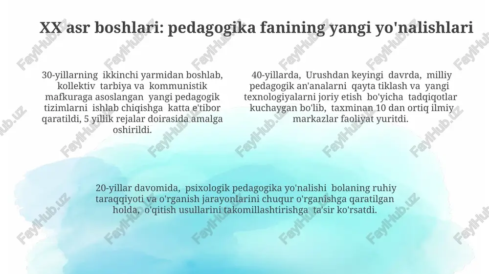 axminan 1980-yillarning oxirida, perestroyka davri pedagogikada demokratizatsiya va gumanitarlashtirishga olib keldi, bu esa yangi ta’lim standartlari va dasturlarining paydo bo’lishiga olib keldi. e'tiboringiz uchun rahmat @taqdimot_robot image1.png