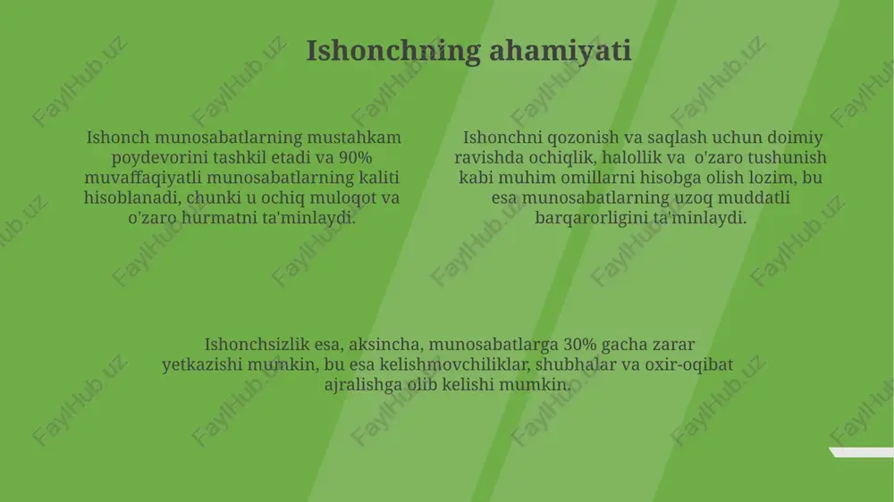 nomuvofiqliklar, munosabatlarning 50% gacha buzilishiga olib kelishi mumkin. kommunikatsiya muammolari, xususan, faol tinglashning etishmasligi va konstruktiv muloqotning yo'qligi, munosabatlarning uzoq muddatli barqarorligiga salbiy ta'sir ko'rsatadi, bu esa ajralishga olib kelishi mumkin. munosabatlardagi muammolar ko'pincha 30% noto'g'ri tushuncha va 70% ochiqchasiga aytilmagan his-tuyg'ular tufayli yuzaga keladi, bu esa ishonchsizlik va janjallarga olib keladi. e'tiboringiz uchun rahmat @taqdimot_robot