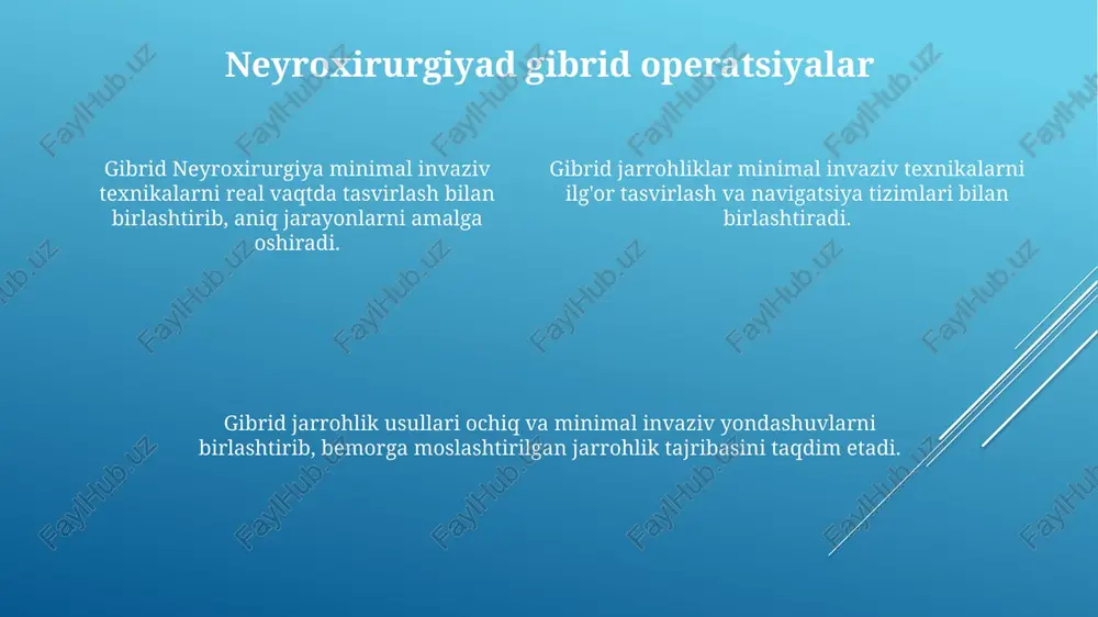 minimal invaziv va ochiq usullarni birlashtiradi. bu yondashuv minimal invaziv va ochiq jarrohlik amaliyotlarining afzalliklarini taklif etadi. girid jarrohliklar yurak-qon tomir, onkalogiya va suyak-bo'g'im jarrohligi kabi turli sohalarda qo'llaniladi. yurak-qon tomir jarrohligida gibrid operatsiyalar minimal invaziv qopqoqni ta'mirlash yoki almashtirish, murakkab holatlarda ochiq yurak jarrohligi bilan birlashtirilgan. gibrid jarrohlik jarrohlarga murakkab operatsiyalarni kam invaziv usulda bajarishga imkon beradi, bu esa tezroq tiklanish va kamroq asoratlarga olib keladi. gibrid jarrohlik jarrohlarga murakkab operatsiyalarni kam invaziv usulda bajarishga imkon beradi, bu esa tezroq tiklanish va kamroq asoratlarga olib keladi. ortopediyada gibrid operatsiyalar hibrid jarrohliklar jarayon davomida jarrohlarni yo'naltirish uchun navigatsiya tizimlari va kengaytirilgan haqiqat kabi texnologiyalardan foydalanadi, bu esa aniqlik va aniqlikni oshiradi. gibrid jarrohliklar minimal invaziv texnikalarni an'anaviy ochiq jarrohlik bilan birlashtirib, kichikroq kesmalar va tezroq tiklanish kabi afzalliklarni taqdim etadi. ortopediyadagi gibrid yondashuvlar suyak va bo'g'im muammolarini aniq maqsadga olishga imkon beradi, atrofdagi to'qimalarga qo'shimcha zararni minimallashtiradi. gibrid jarrohlikning samaradorligi …