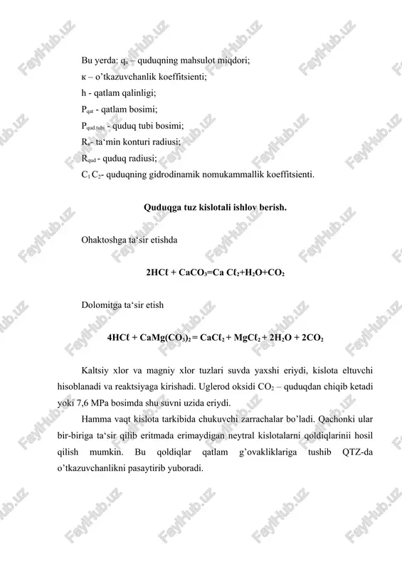 ibiga quyidagi reagentlar qo’shiladi. 1. ingibitor- jihozlarni korroziya qarshi himoya qiladi. ingibitor yordamida hcℓ-xlor kislotasi tashiladi, qayta haydaladi va saqlanadi. odatda ingibitorlar ingibitor turiga muvofiq va boshlang’ich kontsentratsiyaga bog’liq holda 1% - gacha qo’shiladi. ingibitor sifatida quyidagilardan foydalaniladi: formalin (0,6%), korroziya faolligini 7-8 marta pasaytiradi; unikal – yopishqoq to’q-jigar suyuqlik (misol unikol pb-5) (0,25-0,5%), korroziyaga qarshi faollikni 30-42 marta oshiradi. unikol suvda erimaydi, neytral kislota aralashmasi tarkibidan cho’kmaga tushadi. shuning uchun uning kontsentratsiyasini 0,1% gacha qaysi korroziyaga qarshi himoya aktivligi - 15 martagacha. yuqori harorat va bosimda qo’llaniladigan ingibitorlar ishlab chiqilgan bo’lib reagent i-1-a (0,4%) – urotropik (0,9%) aralashmasi korroziyaga qarshi faollikni (t=870c dgf p=38 mpa) 20-marta oshiradi. katapin – a ingibitori eng yaxshi hisoblanib, 0,1% li qo’shimchasi 55-65 marta korroziyaga qarshi faollikni oshiradi. 0,025% li aralashmasi. (0,25 kg miqdorda 1m3 aralashmaga qo’shiladi) – 45 marta faolashtiradi. uning himoya xossasi yuqori haroratda kuchli yomonlashadi. shuning uchun t-80-1000c bo’lganda 0,2%-gacha qo’shimchasiga …