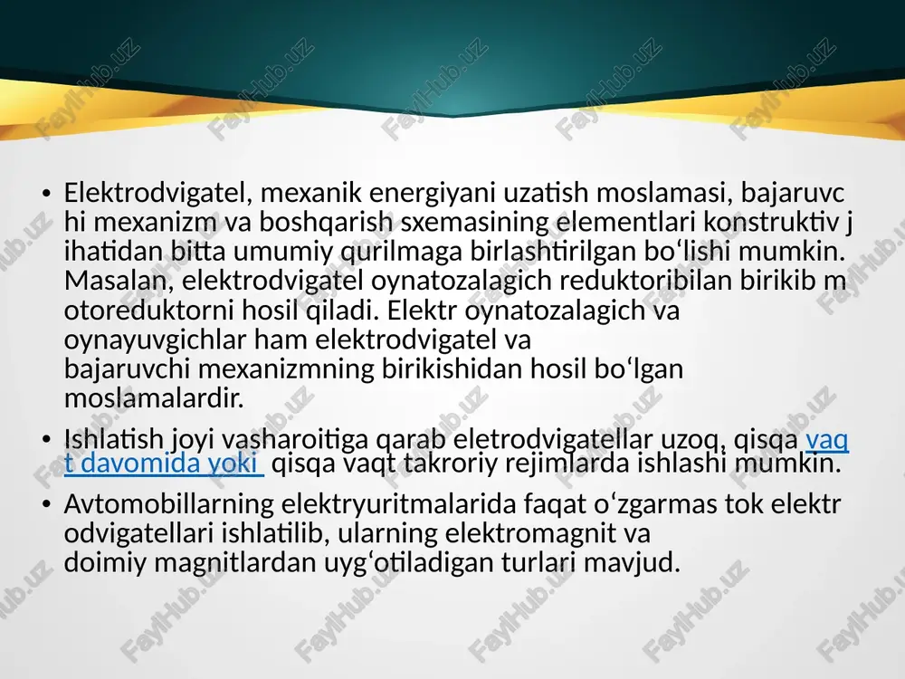 fayli, uning aylanish chastotasi va aylantiruvchi momenti kamayadi. oynatozalagich cho‘tkalarini katta tezlikda harakatlantirish uchun almashlab ulagich i holatga o‘tkaziladi. bunda elektrodvigatel ta’minoti asosiy cho‘tkalar orqali amalga oshiriladi va tok yakorning hamma chulg‘amlaridan o‘tadi. almashlab ulagichning iv holatida tok birdaniga oynatozalagich va oynayuvgich elektrodvigatellarining yakorlari 4 va 2 ga uzatiladi va ular birgalikda ishlaydi. oynatozalagich o‘chirilgandan keyin ham (almashlab ulagichning 0 holati) kulachok 6 aylanib, qo‘zg‘aluvchi kontakt 5 ni uzguncha elektrodvigatel ishlab turadi. kontakt 5 uzilgandan keyin elektrodvigatel to‘xtaydi. elektrodvigatelning tok zanjiri belgilangan daqiqada uzilishi, oynatozalagich cho‘tkalarining dastlabki holatida to‘xtashini ta’minlash bilan bog‘liq. elektrodvigatelning yakor zanjirlarini ortiqcha yuklama va qisqa tutashuv toklaridan xalos qilish uchun termobimetall saqlagich 13 o‘rnatilgan. yomg‘ir tomchilab yoqqanda yoki qor uchqunlab turganda avtomobil old oynasi kam namlanib, oynatozalagich cho‘tkalarini ishqalanishini va ularni yeyilishini kuchaytiradi. ishqalanish kuchining ortishi energiya sarfini oshiradi va yuritma elektrodvigateli qizib ketishi mumkin. oynatozalagichni bir-ikki taktga, qo‘l bilan ishga tushirish noqulay va xavfli, chunki …
