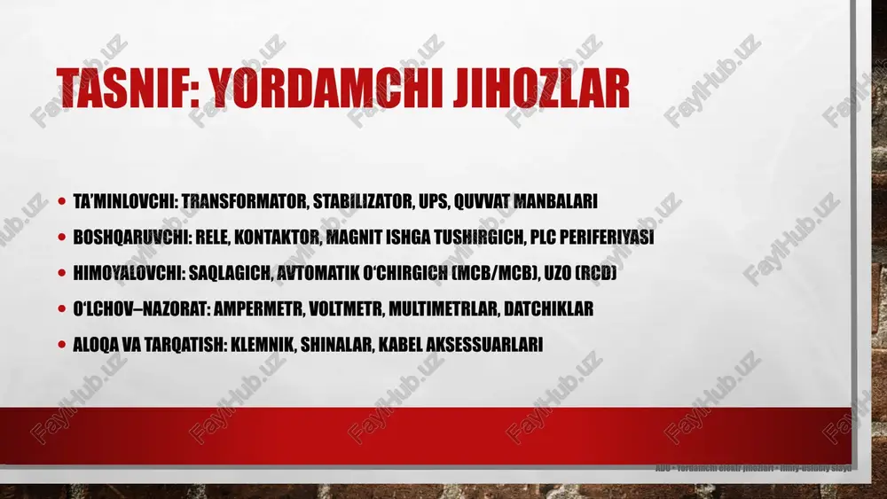 igi va barqarorligining tayanchi to‘g‘ri tanlov, to‘g‘ri simlash, to‘g‘ri himoya — ishonchli ishlash garovi rejalashtirilgan texnik xizmat va o‘lchovlar nosozliklarning oldini oladi keyingi amaliyot: laboratoriya ishlarini bajarish va natijalarni tahlil qilish adu • yordamchi elektr jihozlari • ilmiy-uslubiy slayd image3.jpg /docprops/thumbnail.jpeg