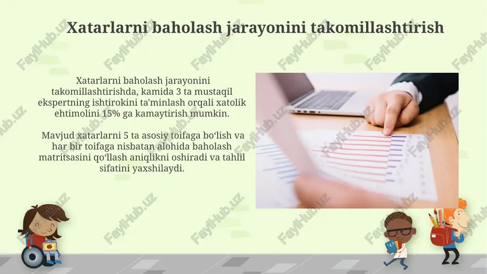 bo'lgan shkala yordamida ifodalanadi, bu yerda 5 - juda yuqori ta'sir, 1 - past ta'sir demakdir. ehtimolligini baholash jarayonida, bayes teoremasi yordamida shartli ehtimollik hisoblab chiqiladi va bu, ma'lum bir hodisaning sodir bo'lish ehtimoli haqidagi dastlabki bilimlarni yangi ma'lumotlar bilan to'ldirib, aniqroq natija beradi. xatar matritsasi xatar matritsasi qo'llanilganda, har bir xavf uchun aniqlangan ehtimollik va ta'sir darajalariga ko'ra, tegishli chora-tadbirlar rejalashtiriladi va ularning samaradorligi muntazam ravishda kuzatib boriladi. matritsa, xavflarni to'rtta toifaga: past, o'rta, yuqori va juda yuqori xavflarga ajratadi, bu esa har bir xavf uchun tegishli choralarni belgilash imkonini beradi. masalan, yuqori xavflarga zudlik bilan e'tibor qaratish lozim. e'tiboringiz uchun rahmat @taqdimot_robot image6.jpg image7.jpg image8.jpg image9.jpg image10.jpg image11.jpg image12.jpg image13.jpg image14.jpg image15.jpg image16.jpg image17.jpg image18.jpg image19.jpg image20.jpg image21.jpg image22.jpg image1.png