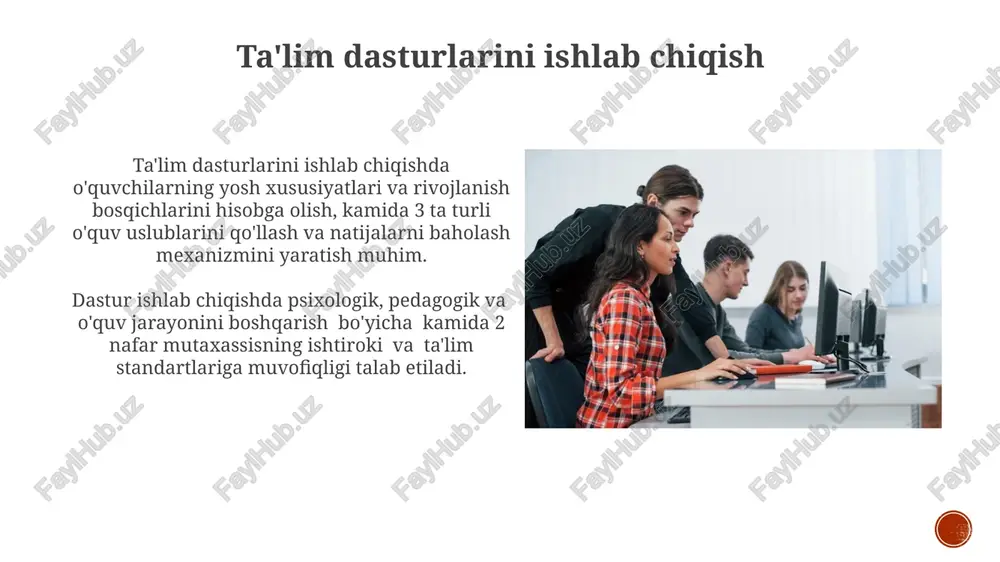 ish, yong'in o'chirish vositalarining mavjudligi va xodimlarning yong'in xavfsizligi bo'yicha o'qitishdan o'tishi – 20 tadan ortiq bola bo'lgan markazlar uchun majburiy. barcha o'yinchoqlar va o'quv materiallari yosh me'yorlariga mos kelishi va gigiena talablariga javob berishi, ya'ni har 6 oyda kamida 1 marta dezinfektsiya qilinishi zarur. zamonaviy ta'lim texnologiyalaridan foydalanish virtual va qo'shimcha reallik texnologiyalari (vr/ar) o'quv jarayonini boyitadi, 3d modellardan foydalanish orqali murakkab tushunchalarni tushunishni osonlashtiradi va o'quvchilarni 15% ko'proq jalb qiladi. onlayn platformalar va lms (learning management system) tizimlari orqali 50 dan ortiq o'quv resurslariga kirish imkoniyati ta'lim sifatini oshiradi va individual o'rganishga yordam beradi. ota-onalar bilan hamkorlik ota-onalar bilan muntazam 2-3 marta uchrashuvlar o'tkazish, bolaning rivojlanishi bo'yicha hisobotlar taqdim etish va individual ta'lim rejalari bo'yicha muhokamalar olib borish samarali hamkorlikni ta'minlaydi. bolalar rivojlanish markazining faoliyati haqida ota-onalarga oylik axborot byulletenlari yoki elektron xabarlar orqali xabardor qilish, shuningdek, 50% dan kam bo'lmagan ota-onalarning faol ishtirokini rag'batlantirish muhimdir. e'tiboringiz uchun …