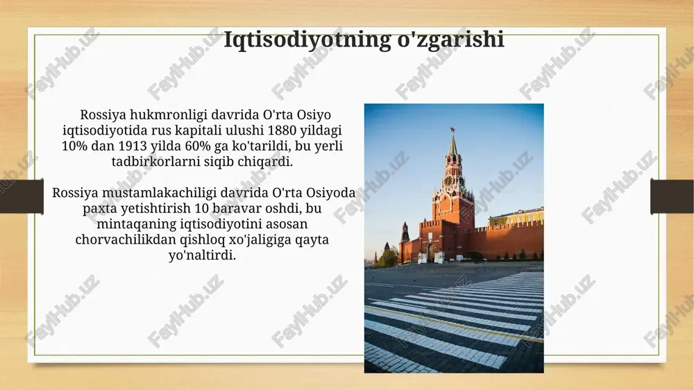 asosiy manbaiga aylandi, sanoat rivojlanishi cheklangan va bu mintaqaning iqtisodiy orqada qolishining asosiy omili boʻldi. rossiya hukmronligi natijasida oʻrta osiyoda 19-asr oxiri va 20-asr boshlarida paxta yetishtirish keskin oshdi, bu yerli dehqonlarni majburiy mehnatga majbur qildi va ekologik muammolarni keltirib chiqardi. aholi va uning ijtimoiy tuzilishi ijtimoiy tafovutlarning keskinligi natijasida 19-asr oxiri – 20-asr boshlarida mahalliy aholi orasida milliy ozodlik harakatlari kuchaygan. qo'l osti aholining 80% dan ortig'i dehqonchilik bilan shug'ullanib, feodal munosabatlarning kuchli ta'sirini ko'rsatdi, yer egalari va amaldorlar esa ozchilikni tashkil etdi. rossiyaning markaziy osiyoga kirib kelishi rossiyaning markaziy osiyoga bosimi 19-asrning ikkinchi yarmida kuchayib, 1865-yilda toshkentning bosib olinishi bilan keng ko'lamli mustamlakachilik siyosatining boshlanishiga olib keldi. markaziy osiyoning rossiya tomonidan bosib olinishi natijasida minglab mahalliy aholi o'z yerlaridan mahrum bo'lib, ko'chmanchi hayot tarzini tark etishga majbur bo'lishdi, bu esa ijtimoiy-madaniy o'zgarishlarga sabab bo'ldi. madaniyat va ta'lim o'zbekiston hududida rus imperiyasi davrida 100 dan ortiq yangi maktablar, asosan …