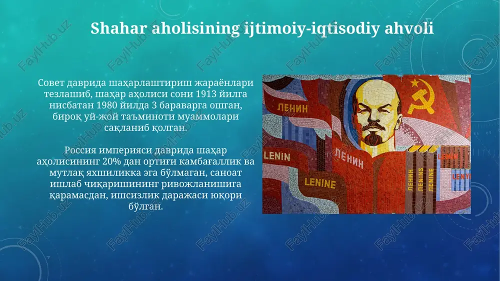 periyasi davrida dehqonlarning erga bo'lgan huquqi cheklangan bo'lib, ularning 40-60%i jamiyatga berilgan erning faqat 10-20%iga ega edi. sovet davrida kolxozlashtirish natijasida dehqonlar xususiy mulkdan mahrum etilib, jamoa xo'jaliklarida ishlashga majbur bo'lishdi, bu esa ularning iqtisodiy ahvoliga salbiy ta'sir ko'rsatdi. millatlarning ijtimoiy-iqtisodiy ahvoli 19-asr oxiri va 20-asr boshlarida rossiya imperiyasi davrida dehqonlarning 80% dan ortig'i yersiz yoki juda oz yerga ega bo'lib, feodal qoldiqlarining og'ir iqtisodiy zulmiga duch kelgan. industrializatsiya davrida shaharlarga ko'plab qishloq aholisi ko'chib kelgan, bu esa shaharlarda ijtimoiy tartibli muammolarni, masalan, kambag'allik va ishsizlikning yuqori darajasini keltirib chiqargan. e'tiboringiz uchun rahmat @taqdimot_robot image3.png image4.jpg image5.jpg image6.jpg image7.jpg image8.jpg image9.jpg image10.jpg image11.jpg image12.jpg image13.jpg image14.jpg image15.jpg image16.jpg image17.jpg image18.jpg