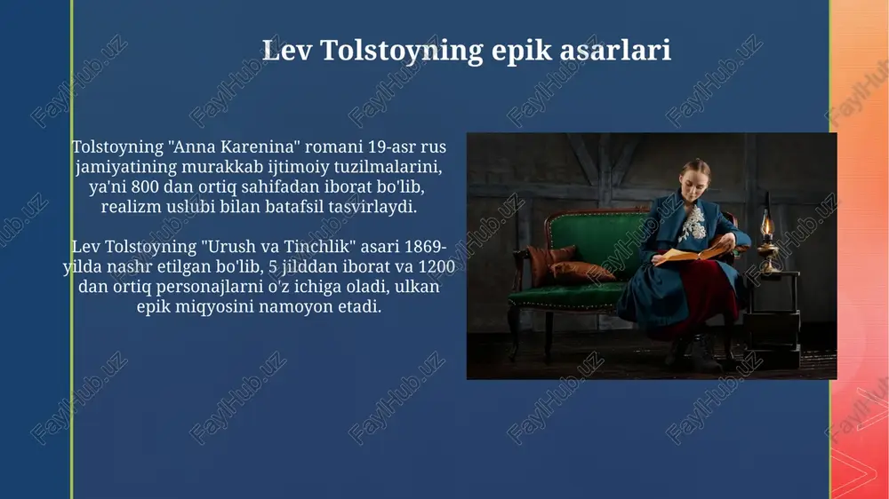 ubi yetakchi o'rin egallab, 5 yillik rejalarning muvaffaqiyatlari va partiya siyosatini targ'ib qiluvchi asarlar ko'p bo'lgan. sovet davrida adabiyotda ishchi sinfi va dehqonlar hayoti aks ettirilgan bo'lib, proletariat adabiyoti va kollektiv obrazlarning gavdalantirilishi ustunlik qilgan. xx asr boshlarida rus adabiyoti lev tolstoy va fyodor dostoevskiyning merosini qayta ko'rib chiqish va ularning asarlaridagi mavzulardan ilhomlanib, 20 dan ortiq yangi romanlar yozildi, bu davr adabiyotiga chuqur falsafiy va psixologik xususiyatlar bag'ishladi. xx asr boshlarida rus adabiyoti modernizmning turli yo'nalishlari, jumladan, akmeizm va futurizm kabi avangard harakatlar bilan boyitildi, ularning 10 dan ortiq yozuvchilari yangi adabiy uslublarni o'rganishga kirishdilar. e'tiboringiz uchun rahmat @taqdimot_robot image4.jpg image5.jpg image6.jpg image7.jpg image8.jpg image9.jpg image10.jpg image11.jpg image12.jpg image13.jpg image14.jpg image15.jpg image16.jpg image17.jpg image18.jpg image19.jpg image20.jpg image2.png image3.png