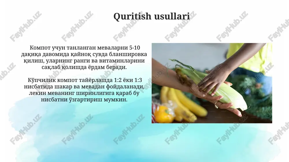 qo'shing. shakar miqdorini aniqlashda kompotning shirinlik darajasini hisobga oling, 1 kg meva uchun 300-500 gramm shakar yetarli bo'lishi mumkin, lekin bu mevaning shirinligiga bog'liq. kompot tayyorlashning asosiy qoidalari kompot tayyorlashda meva va sabzavotlarni 1:1 nisbatda emas, balki shakar miqdorini ta'mingizga qarab moslashtirish muhim, chunki ba'zi mevalar tabiiy ravishda shirinroq bo'ladi. qaynatish jarayonida kompotga limon kislotasi qo'shish (taxminan 1 choy qoshiq 1 litr suvga) uning rangini va vitaminlarini saqlashga yordam beradi. e'tiboringiz uchun rahmat @taqdimot_robot image2.jpg image3.jpg image4.jpg image5.jpg image6.jpg image7.jpg image8.jpg image9.jpg image10.jpg image11.jpg image12.jpg image13.jpg image14.jpg image15.jpg image16.jpg image17.jpg image18.jpg image1.png