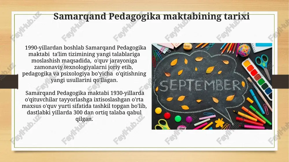 and pedagogika kolleji "ta'limning yangi usullari" doirasida o'quv jarayoniga 15 dan ortiq interfaol o'quv texnologiyalarini joriy etdi, bu esa o'quvchilarning bilim olish samaradorligini 20% ga oshirdi. zamonaviy pedagogik texnologiyalar, jumladan, gamifikatsiya va loyiha uslubi, "ta'limning yangi usullari" strategiyasi doirasida 300 dan ortiq talabalar tomonidan qo'llanilmoqda va ijobiy natijalar bermoqda. masofaviy taʼlim masofaviy taʼlimda studentlarning faol ishtiroki va mustaqil o'rganish ko'nikmalarini rivojlantirish uchun 10 dan ortiq turli xil platformalar va vositalar, jumladan, virtual sinf xonalari va forumlar qo'llaniladi. masofaviy taʼlim samaradorligini oshirish uchun 2023-yilda 50 dan ortiq onlayn kurslar va interaktiv o'quv materiallari ishlab chiqildi, bu talabalarga moslashuvchan o'rganish imkoniyatini beradi. e'tiboringiz uchun rahmat @taqdimot_robot image7.jpg image8.jpg image9.jpg image10.jpg image11.jpg image12.jpg image13.jpg image14.jpg image15.jpg image16.jpg image17.jpg image18.jpg image19.jpg image20.jpg image21.jpg image22.jpg image23.jpg image3.png image4.png