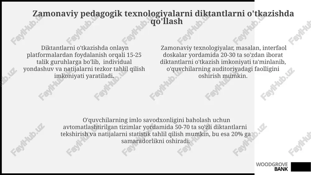 ldini olishga yordam beradi. imlo qoidalarini tushuntirish va mustahkamlash uchun 10-15 ta so‘zdan iborat bo‘lgan maxsus imlo diktantlaridan foydalanish, o‘quv jarayonini yanada samarali qiladi. woodgrove bank diktantlarni o'tkazishda yuzaga keladigan muammolar va ularning yechimlari diktant o'tkazish vaqti va metodikasining noto'g'ri tanlanishi (masalan, 5 minutlik diktant uchun 100 so'zli matn) o'quvchilarning stressini oshirib, natijalarga salbiy ta'sir qiladi, shuning uchun optimal vaqt va hajmlarni hisobga olish muhim. diktant matnining murakkabligi (lug'at boyligi, grammatik tuzilmalarning xilma-xilligi) 10-15% o'quvchilarning tushunishini qiyinlashtirishi mumkin, buning uchun soddalashtirilgan variantlar va qo'shimcha tushuntirishlarni qo'llash tavsiya etiladi. o'quvchilarning yozma nutq ko'nikmalarining yetarli darajada rivojlanmaganligi (xattotlik, tezlik, imlo) 30% gacha xatoliklarga olib kelishi mumkin, shu sababli muntazam amaliyot va individual yondashuv zarur. woodgrove bank yuqori sinflarda diktantlarni o'tkazish metodikasi yuqori sinflarda diktantlarni o‘tkazishda 5-10 minut davom etadigan tayyorgarlik bosqichi, imlo va punktuatsiya qoidalarini takrorlashni o‘z ichiga oladi. baholash mezonlari sifatida, grammatik xatolar (10 ball), imlo xatolari (10 ball), punktuatsiya xatolari …
