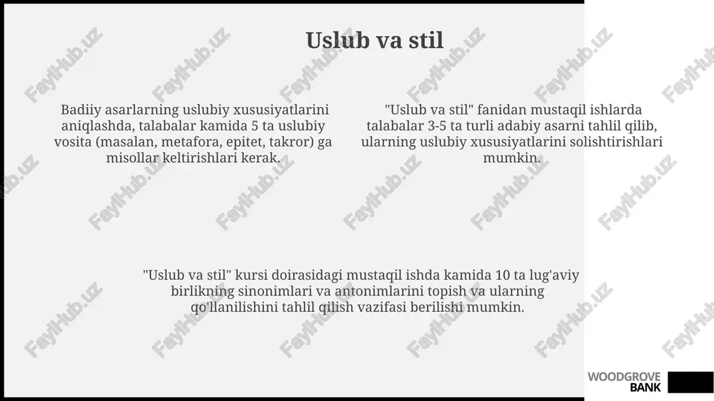 dividual yutuqlarini aniqlash uchun 10 tadan ortiq baholovchi mezonlardan foydalanish va o'quvchilarning 70% dan ortiq ko'rsatkichga erishishi maqsadga muvofiq. yozuv malakalarini baholashda, baholovchi mezonlar sintaksis (20%), leksika (30%), mantiqiy tuzilish (25%) va grammatika (25%) kabi omillarni o'z ichiga oladi. baholovchi mezonlar o'quvchilarning 3 ta asosiy ko'nikmasi: o'qish, yozish va tanqidiy fikrlash ko'nikmalarini baholash uchun 5 ballik shkaladan foydalanadi. woodgrove bank grammatika va imlo "grammatika va imlo" darslarida o'quvchilarning mustaqil ishlari samaradorligini oshirish uchun kamida 3 xil turdagi mashqlar, masalan, gap tuzish, matn tahlili va diktantlarni muntazam ravishda bajarish tavsiya etiladi. "grammatika va imlo" fanidan mustaqil ishlarning 70% dan ortig'i yozma topshiriqlardan iborat bo'lib, ularning murakkabligi o'quvchilarning yosh xususiyatlarini va bilim darajasini hisobga olgan holda tanlanadi. o'quvchilarning "grammatika va imlo" bo'yicha mustaqil ishlarini baholashda 5 balldan iborat ballar tizimi qo'llanilib, har bir topshiriq uchun aniq mezonlar belgilangan bo'lishi kerak. woodgrove bank o‘z-o‘zini baholash o‘z-o‘zini baholashda o‘quvchilar o‘z ishlarini baholayotganda, kamida 3 …