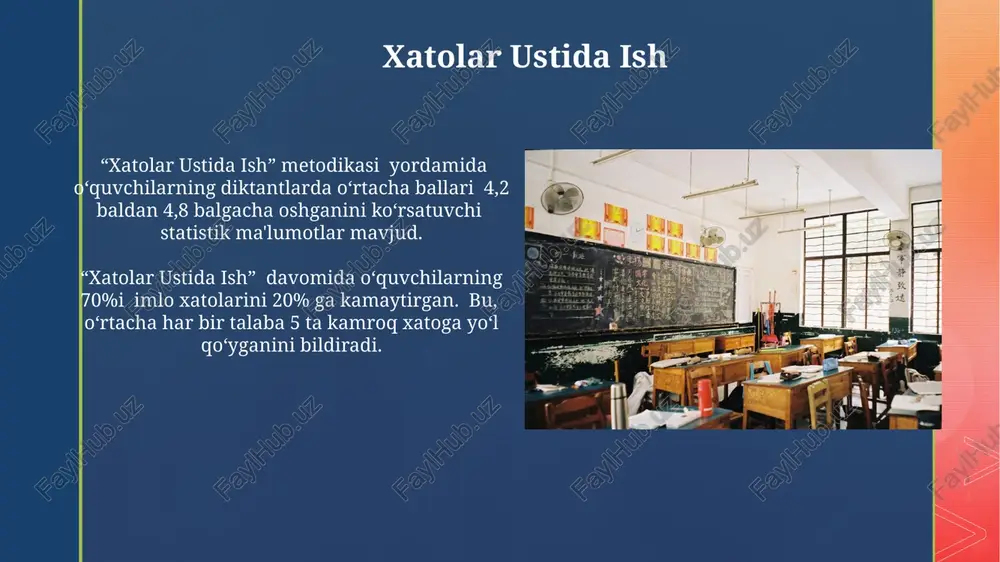 beradi. diktantlarni tayyorlashda turli xil uslublarda yozilgan (badiiy, ilmiy, publisistik) matnlarni tanlash orqali o'quvchilarning turli xil matn turlarini idrok etish qobiliyatini rivojlantirish mumkin; 5-7 daqiqali dikdantlar tavsiya etiladi. diktantlarni o'tkazish tartibi baholovchi mezonlarga muvofiq, imlo, tinish belgilarining to'g'ri qo'llanilishi va matnni tushunish darajasini hisobga olgan holda, 10 balllik tizim bo'yicha baholash amalga oshiriladi. diktant matnini tanlashda o'quvchilarning yosh xususiyatlari va bilim darajalariga mos keladigan, 10-15 jumladan iborat o'rtacha murakkablikdagi matnlarni afzal ko'rish tavsiya etiladi. diktantlar orqali imlo ko'nikmalarini shakillantirish diktantlar orqali o'quvchilarning 5-7-sinflarda imlo qoidalarini o'zlashtirish darajasi 20-30% ga oshadi, bu esa savodiylik ko'rsatkichlarini yaxshilashga yordam beradi. diktantlarni turli xil usullar (masalan, selektiv diktant, ijodiy diktant) qo'llash orqali o'quvchilarning imlo ko'nikmalarini shakllantirish samaradorligini 30-40% ga oshirish mumkin. e'tiboringiz uchun rahmat @taqdimot_robot image4.jpg image5.jpg image6.jpg image7.jpg image8.jpg image9.jpg image10.jpg image11.jpg image12.jpg image13.jpg image14.jpg image15.jpg image16.jpg image17.jpg image18.jpg image19.jpg image20.jpg image2.png image3.png