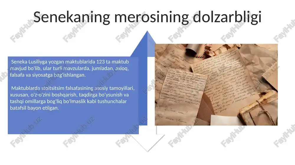 nolikka ega bo'lishni afzal ko'rar edi, chunki u haqiqiy baxt va farovonlikning kaliti donolik va o'z-o'zini anglash ekanligiga ishonar edi. senekaning fikricha, haqiqiy boylik 2000 ta oltin tangadan emas, balki ichki xotirjamlik va vijdon pokligidan iborat boʻlib, bu moddiy narsalarga bogʻliq boʻlmagan, mustaqil va erkin hayot kechirishga imkon beradi. do'stlik va uning ahamiyati senekaning lusiliyga yozgan maktublarida do'stlik 3 asosiy fazilat sifatida – sadoqat, mehr-oqibat va o'zaro yordam sifatida ta'riflanadi. lusiliyga yozilgan 124 ta maktubdan 20 dan ortig'i do'stlar orasidagi munosabatlarning muhimligini va haqiqiy do'stlikni topishning qiyinchiliklarini muhokama qiladi. e'tiboringiz uchun rahmat @taqdimot_robot image4.jpg image5.jpg image6.jpg image7.jpg image8.jpg image9.jpg image10.jpg image11.jpg image12.jpg image13.jpg image14.jpg image15.jpg image16.jpg image17.jpg image3.png image18.jpg image19.jpg image20.jpg image1.jpeg image2.jpeg