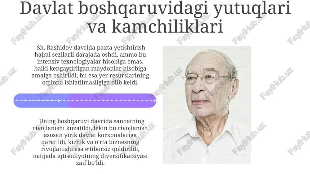 rtiq tarixiy yodgorliklar qayta tiklangan va muhofaza qilingan. rashidov davrida oʻzbekiston iqtisodiyoti 2 barobar oʻsgan, bu sanoatlashtirish siyosati va qishloq xoʻjaligini modernizatsiyalash natijasida yuz bergan. ijtimoiy-iqtisodiy islohotlardagi qatnashuvi sh. rashidov davrida amalga oshirilgan iqtisodiy siyosat natijasida milliy daromadning o'sish sur'ati 5-7% oralig'ida saqlanib, aholining turmush darajasi yaxshilanishga yutuq qozongan. 1970-yillarda sanoatni modernizatsiyalash va diversifikatsiya qilish bo'yicha olib borilgan islohotlarda sh. rashidovning rahbarligi ostida yangi korxonalar qurilishi va mavjudlarning texnik qayta jihozlanishi keng ko'lamda amalga oshirilgan. sh. rashidov haqidagi xotiralar va fikrlar "sh. rashidov haqidagi xotiralar va fikrlar"da uning 1950-1980 yillar davomida o'zbekiston iqtisodiyoti rivojiga qo'shgan ulkan hissasi, jumladan, paxtachilik va sanoat tarmoqlarida amalga oshirilgan keng ko'lamli islohotlar haqida batafsil ma'lumotlar keltirilgan. xotiralarda sh. rashidovning davlat boshqaruvi tizimida 30 yildan ortiq faoliyat yuritganligi, uning siyosiy qarorlar qabul qilishdagi tajribasi va ko'pgina muhim loyihalarda faol ishtiroki aks etgan. qishloq xo'jaligini rivojlantirishdagi roli sh. rashidov davrida paxta yetishtirish hajmi sezilarli darajada oshdi, 1960-yillarda …