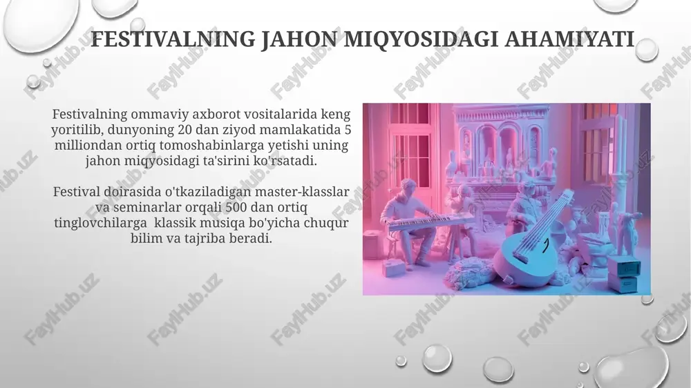 asturi doirasida 20 dan ortiq mamlakatdan 50 ga yaqin musiqachilar sharq taronalari festivalida ishtirok etdi, bu xalqaro madaniy almashinuvning ajoyib misolidir. “madaniy almashinuv va hamkorlik” dasturi natijasida 3 ta yirik xalqaro musiqa festivali o'rtasida hamkorlik shartnomalari imzolandi, bu kelgusidagi qo'shma loyihalar va musiqiy almashinuvlar uchun zamin yaratdi. musiqa uslublari va texnikalari sharq taronalari festivalida 20 dan ortiq mamlakatdan kelgan 50 ga yaqin ijrochilarning turli musiqiy uslublari, shu jumladan, mikrotonal intervalllar va zamonaviy kompozitsiya texnikalarini namoyish etdi. festivalda, maqom, radif, gasturbash kabi an'anaviy sharq musiqa texnikalari bilan bir qatorda, jazz, klassik va folklordan olingan elementlarni uyg'unlashtirgan yangi kompozitsiyalar taqdim etildi. musiqa ta'limi va tarbiyasi festivalning “musiqa ta’limi va tarbiyasi” bo’limining asosiy maqsadi – klassik musiqa ta’limi sohasidagi yangi pedagogik yondashuvlarni, shu jumladan 30 dan ortiq turli uslubdagi musiqa asboblarini o’rgatish metodlarini namoyish etishdir. “musiqa ta’limi va tarbiyasi” bo’limida bolalar uchun mo’ljallangan 5 ta interaktiv musiqa dasturi taqdim etildi, ular zamonaviy pedagogik …
