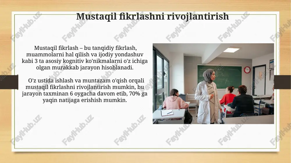 satadi. tadqiqotlar shuni ko'rsatdiki, o'z-o'zini tarbiyalash bilan shug'ullangan shaxslarning 35% i o'ziga bo'lgan ishonchining oshganligini va 20% i stress darajasining pasayganligini bildirgan. kelajakdagi rejalar kelajakdagi rejalarga ko'ra, 5 yil ichida shaxsning o'z-o'zini tarbiyalash bo'yicha 10 ta yangi qo'llanma va 2 ta onlayn kurs yaratish rejalashtirilgan, bu esa 1000 dan ortiq kishini qamrab oladi. kelajakdagi 2 yillik strategiyada, shaxsning o'z-o'zini tarbiyalash bo'yicha ekspertlar guruhi tuziladi va ular tomonidan 15 tadan ortiq ilmiy maqola va 5 ta monografiya nashr etiladi. muammolarni hal qilish ko'nikmalarini shakllantirish metakognitsion strategiya qo'llanilishi, ya'ni o'z fikrlash jarayonini monitoring qilish va boshqarish, muammolarni hal qilish samaradorligini 15-20% ga oshirishi mumkin. muammolarni hal qilishda 5 ta bosqichli strategiya (tushunish, rejalashtirish, amalga oshirish, tekshirish, baholash) o'quvchilarning muammolarni tahlil qilish va samarali yechimlar topish ko'nikmalarini rivojlantiradi. o'qish va bilim olish uslublari o'qish jarayonida 5w1h (kim, nima, qachon, qayerda, nima uchun, qanday) uslubini qo'llash, ma'lumotni chuqurroq anglash va samaradorligini 20% ga oshirishga …