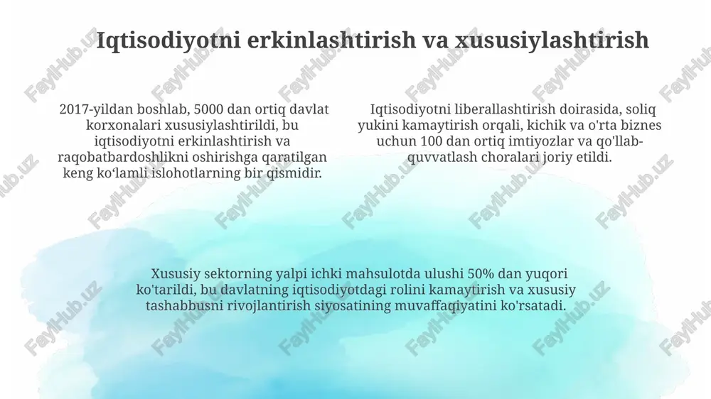 siyalar oqimi kuchaydi. mirziyoyev davrida o‘zbekistonning tashqi siyosati 100 dan ortiq mamlakat bilan diplomatik munosabatlarni o‘rnatish va mustahkamlashga qaratilgan bo‘lib, strategik sheriklik munosabatlarini rivojlantirishga alohida e’tibor qaratildi. markaziy osiyo mintaqasida mintaqaviy hamkorlikni mustahkamlashga qaratilgan sa’y-harakatlar natijasida, 5 ta davlat rahbarlari uchrashuvlari soni sezilarli darajada ortdi, hududning geosiyosiy ahamiyati oshdi. ta’lim va fan sohasidagi islohotlar mirziyoyev davrida 12 yillik majburiy ta’lim tizimi joriy etildi, bu ta’lim sifatini yaxshilash va bolalarni maktabdan tashqarida qolish holatlarini kamaytirishga qaratildi. pedagog kadrlar tayyorlash tizimi tubdan isloh qilinib, o'qituvchilarning malakasini oshirish uchun 1000 dan ortiq trening markazlari ochildi va pedagoglarning oylik maoshlari sezilarli darajada oshirildi. oliy ta’lim muassasalarining xalqaro reytinglardagi mavqei yaxshilanishi uchun 50 dan ortiq universitetda yangi o'quv dasturlari va zamonaviy infratuzilma yaratildi. sog‘liqni saqlash tizimini isloh qilish qishloq joylardagi 1500 dan ortiq qishloq vrachlik punktlari zamonaviy jihozlar bilan ta'minlangan va ularning faoliyati takomillashtirilgan, bu aholining birlamchi tibbiy yordamga kirish imkoniyatini sezilarli darajada yaxshilashga yordam …