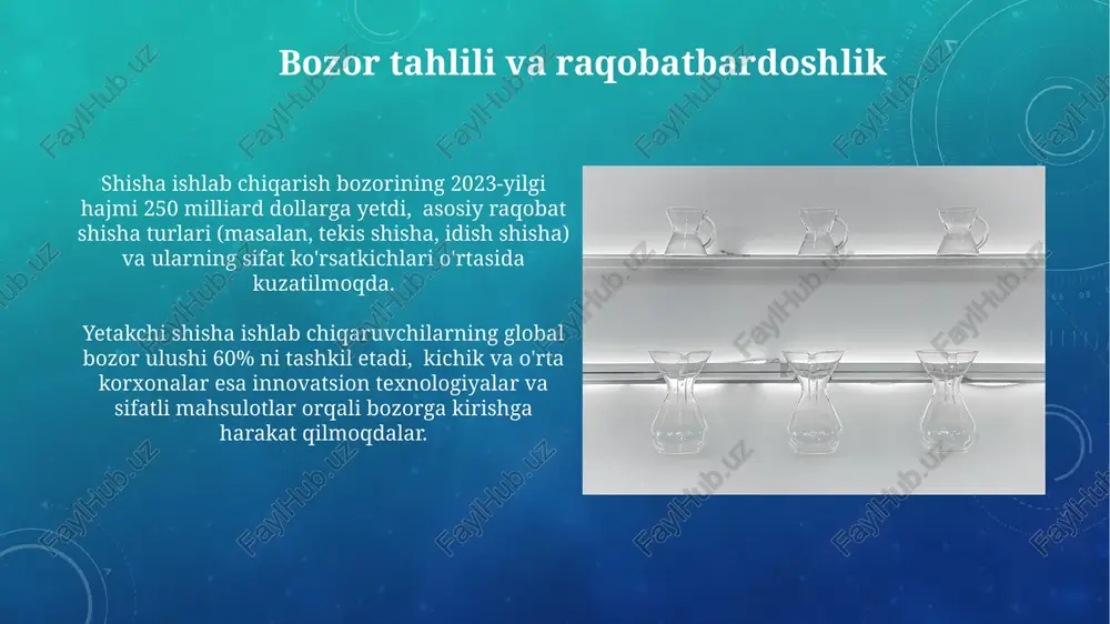 ining yaxshi homogenizatsiyasini ta'minlaydi. soda va ohaktoshning roli taxminan 15% ohaktosh va 12% soda shisha tarkibida bo'lib, ularning nisbati shisha turiga qarab farq qiladi va muhim xususiyatlarni belgilaydi. ohaktosh (caco₃) shishaga mexanik mustahkamlik va kimyoviy barqarorlik beradi, shuningdek, ishqorlarning eruvchanligini kamaytirib, shishaning sifatini yaxshilaydi. e'tiboringiz uchun rahmat @taqdimot_robot image3.png image4.jpg image5.jpg image6.jpg image7.jpg image8.jpg image9.jpg image10.jpg image11.jpg image12.jpg image13.jpg image14.jpg image15.jpg image16.jpg image17.jpg image18.jpg