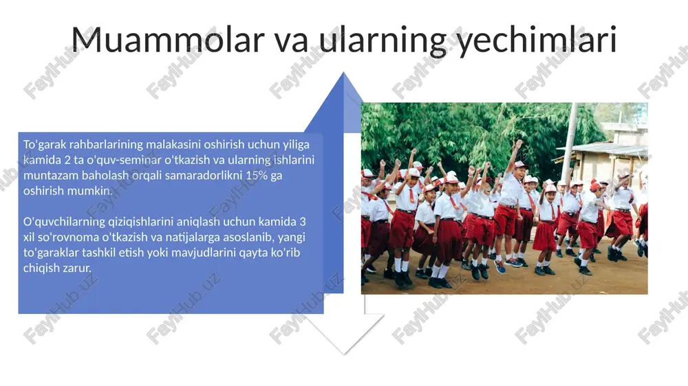 tashqari, yong'in xavfsizligi qoidalari 100% bajarilishi shart. qo'shimcha mashg'ulotlarning maqsad va vazifalari muvaffaqiyatli tashkil etilgan qo'shimcha mashg'ulotlar o'quvchilarning akademik ko'rsatkichlariga ijobiy ta'sir ko'rsatib, 15% ga o'sishini va ularning kelajakdagi kasbiy faoliyatiga tayyorgarlik darajasini oshiradi. vazifalar orasida o'quvchilarning intellektual salohiyatini oshirish, ijodiy qobiliyatlarini namoyon qilish imkoniyatini yaratish, kamida 5 ta turli yo'nalishda loyihalarni amalga oshirish kiradi. kelajakdagi rejalar keyingi o'quv yili uchun talabalar o'z qiziqishlariga mos 10 ta yangi extracurricular faoliyatlarni taklif qilishlari va ularni amalga oshirish uchun 30% byudjet ajratishni rejalashtirganmiz. kelajakdagi rejalarga 5 dan ortiq yangi fan doiralari, jumladan, stem yo'nalishi bo'yicha 2 ta va ijodkorlikka oid 3 ta doira ochishni rejalashtirmoqdamiz, ularning har biri 15 nafar ishtirokchini qamrab oladi. natijalar va xulosalar qo'shimcha mashg'ulotlarning turlarini diversifikatsiya qilish va ularning sonini 25% ga oshirish o'quvchilarning qobiliyatlarini rivojlantirishda ijobiy ta'sir ko'rsatdi, bu esa akademik natijalarga ham ijobiy ta'sir qildi. o'quvchilarning faol ishtirokini ta'minlash maqsadida o'tkazilgan tadbirlar samaradorligi 30% ga oshdi, …